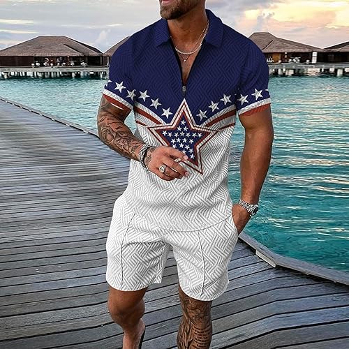 Miniatura 2 de Men's American Flag Tracksuit Summer 2 Piece Outfits Sweatsuit Set Zip Polo Shirt Shorts Sets 2023 4th of July Sports Suit