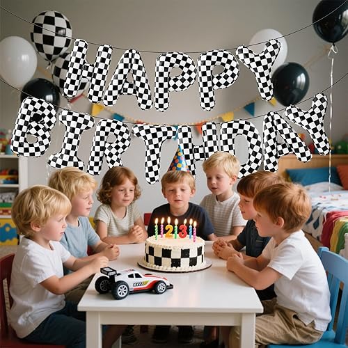 Miniatura 6 de Pancarta de Feliz Cumpleaños con Temática de Autos de Carreras Kit de Decoraciones de Fiesta con Globos de Autos de Carreras, Suministros de Fondo a
