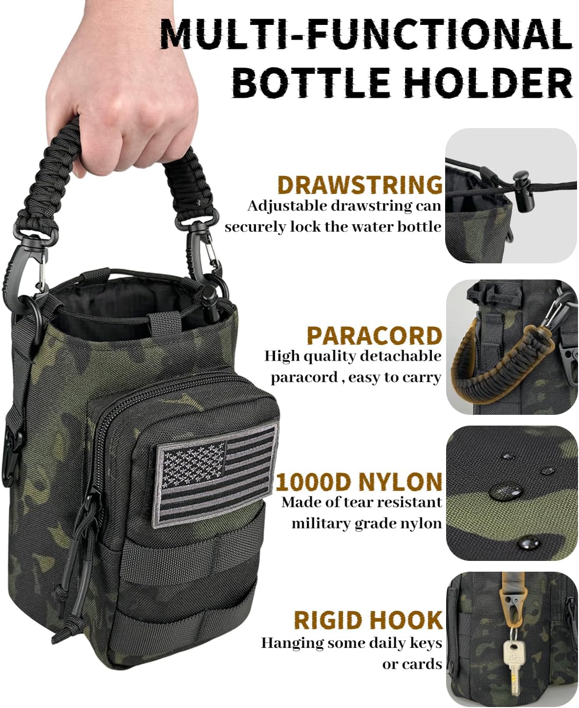 DEFUNX Water Bottle Sleeve, 64oz MOLLE Water Bottle Holder with Strap, Multi-Function Tactical Bottle Carrier Cross-Body Pouch for Walking/Sports/Travel (Black Camo Bag)