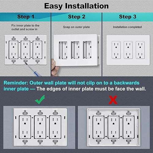 Miniatura 4 de CML - Placa de pared decorativa sin tornillos de 3 segmentos, paquete de 2 cubiertas para interruptores de luz, cubierta de receptáculo de toma,