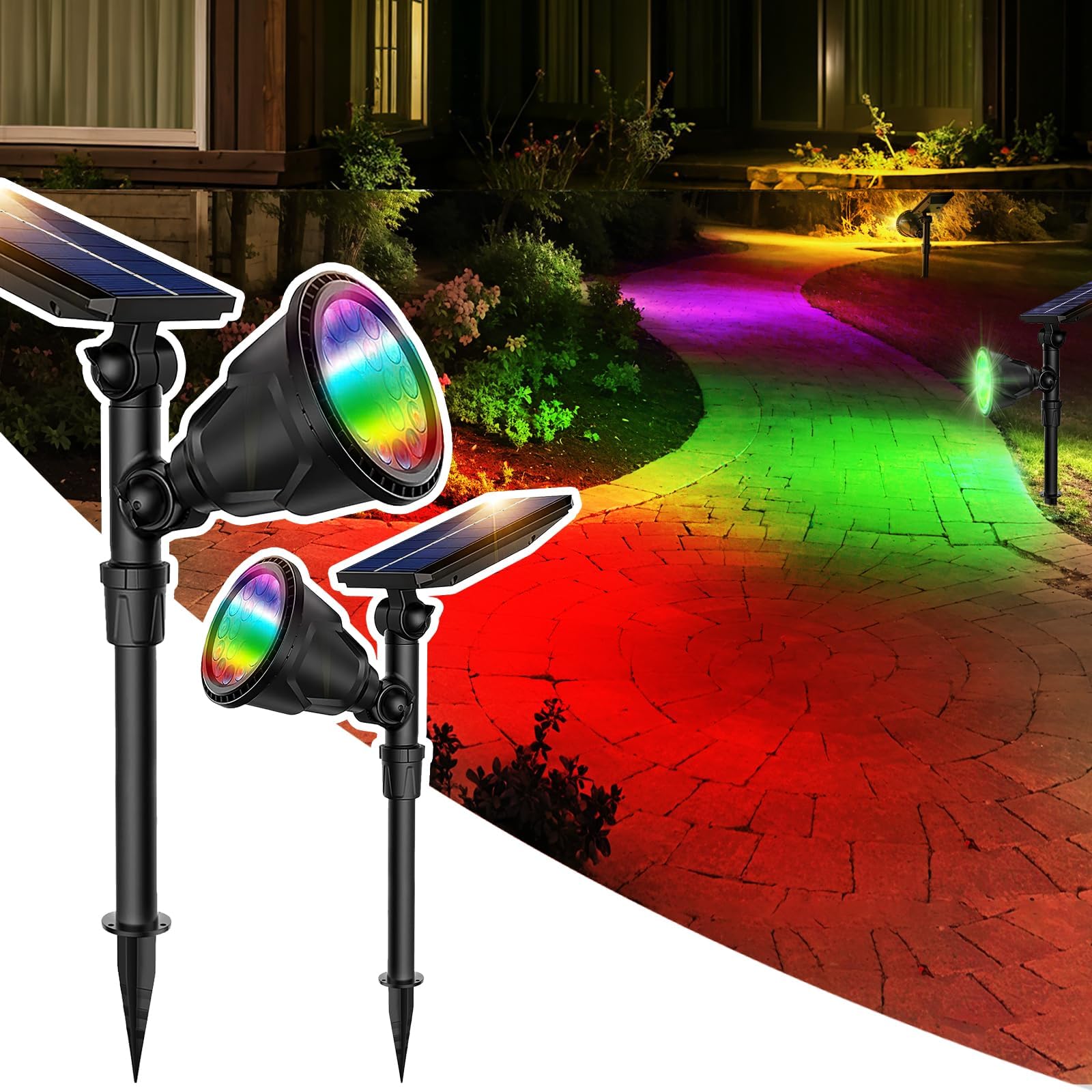 2 Pack Christmas Solar Spotlights, RGB Solar Spot Light Outdoor Waterproof Color Changing Landscape Lighting with 9 Lighting Options Decor for Backyard Walkway Tree Lawn