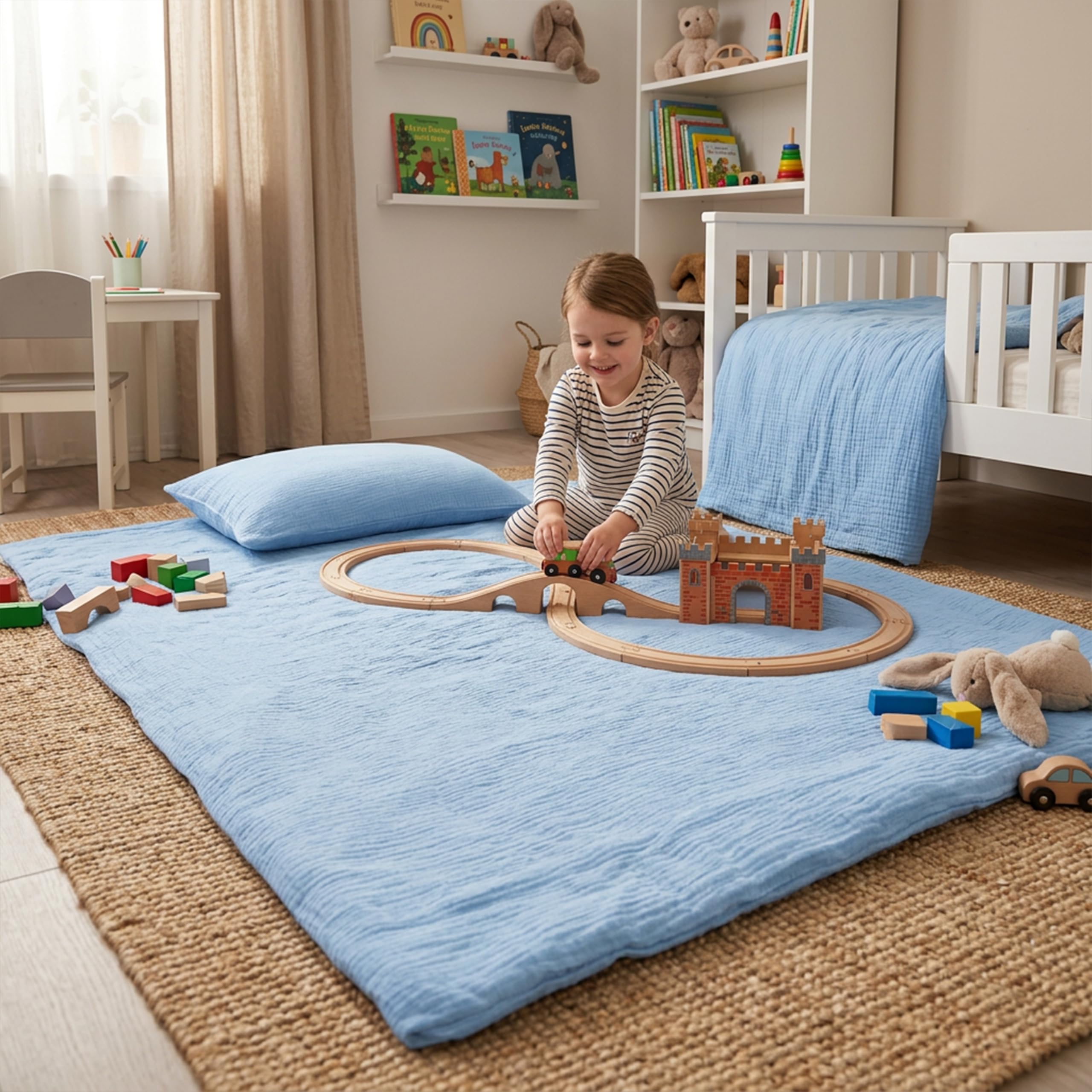 PinkZebra Parure de lit bébé & Enfant en Mousseline Bio : Housse de Couette 100 x 135 cm + taie d'oreiller 40 x 60 cm, Parure de lit Enfant 100% Coton pour Fille et garçon, certifié GOTS, Bleu