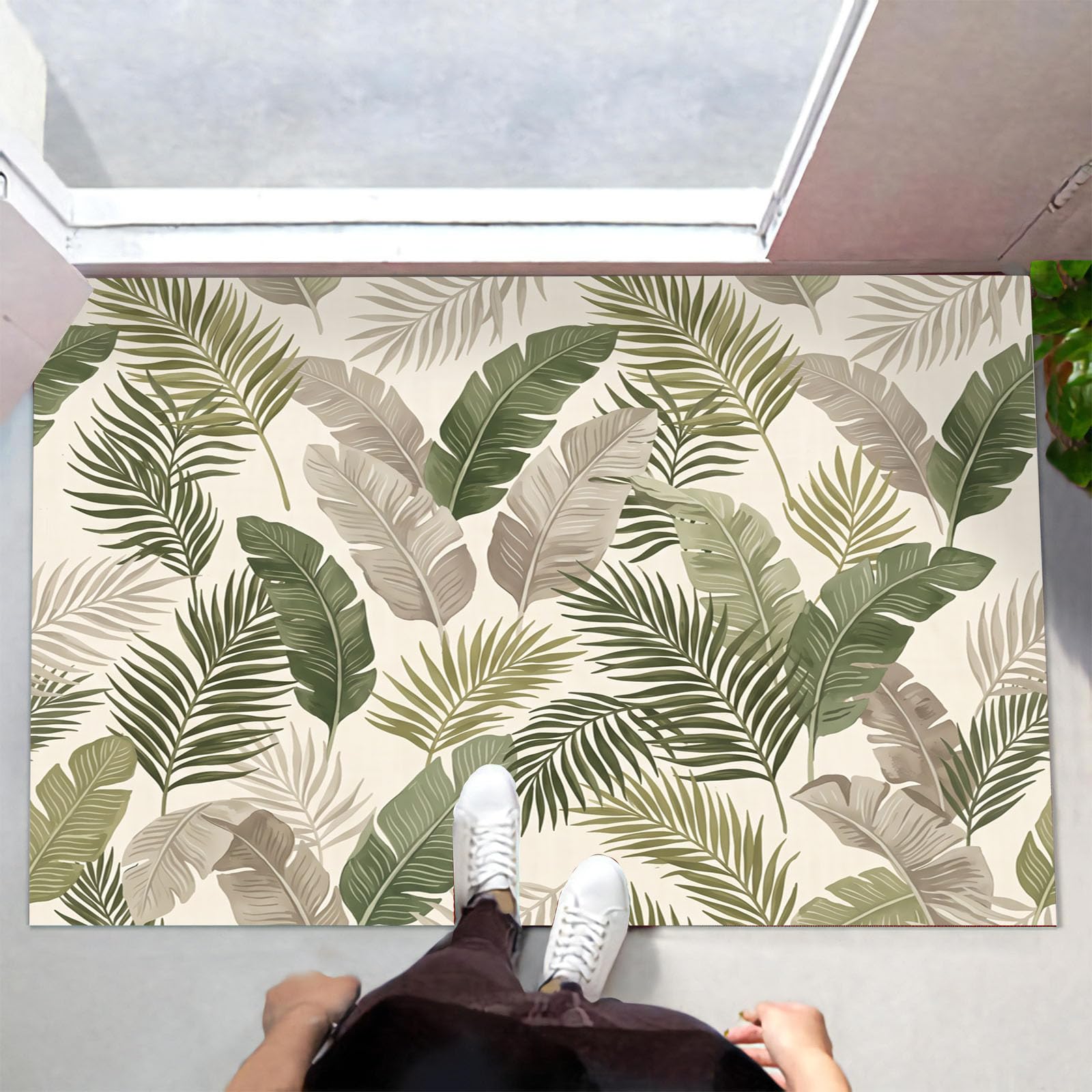 Zerbino Trappola Sporco Foglie Tropicali Retrò, 90X150Cm, Tappetino Antiscivolo Lavabile Eleganti Piante Da Campagna, Zerbino Interno Morbide Assorbenti Per Corridoio Ingresso Porta, Beige