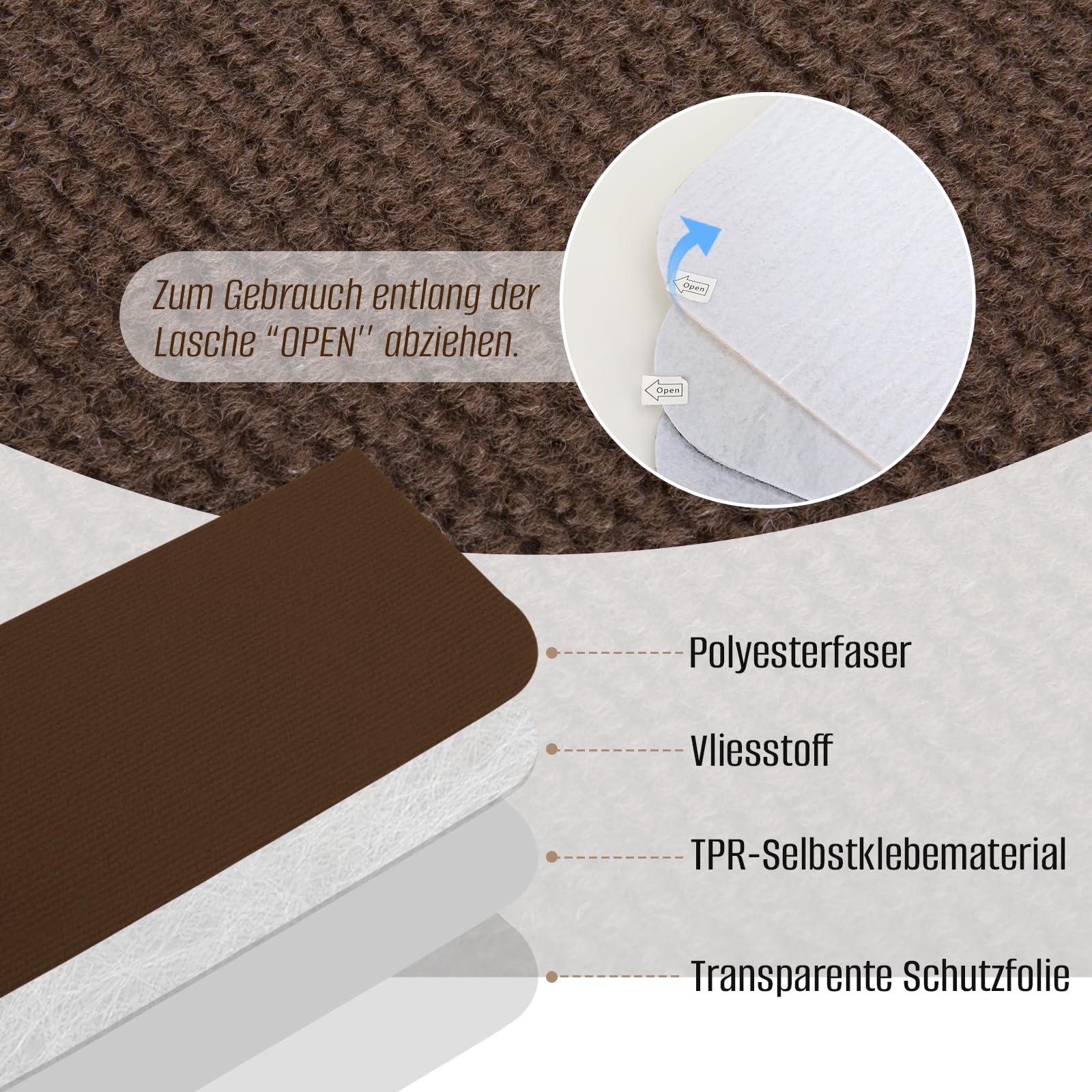 Stufenmatten Selbstklebend, Anti-Rutsch Treppen Teppich, 15 Stück Treppenstufen Matten, 76x20 cm Treppenschutzmatten für Innen, Ideal für Kinder, Senioren und Haustiere（Braun）