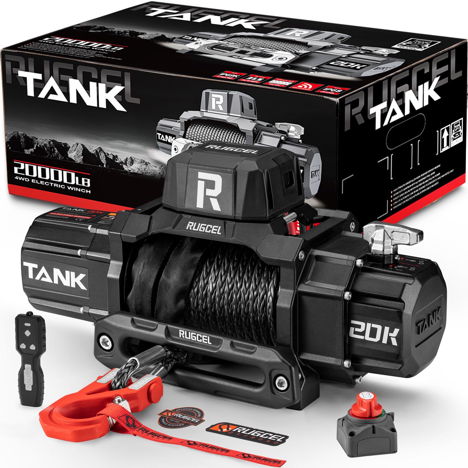 RUGCEL WINCH 20000lb 12V Heavy Duty Truck Winch Waterproof Electric Synthetic Rope Winch,Black Rope,2 in 1 Wireless Remote Control, for Truck SUV, Recreational Vehicle,Tank Series.