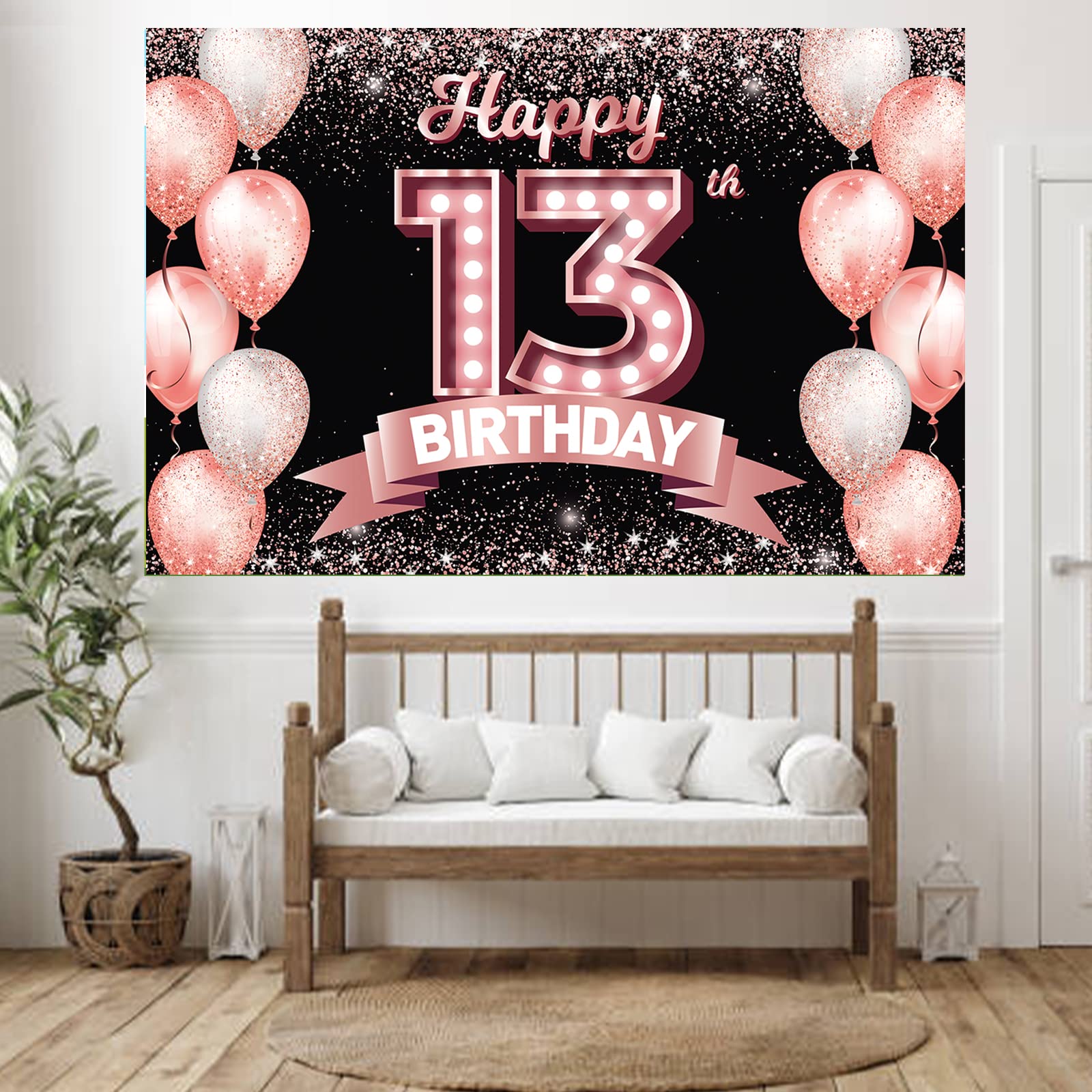 13. Geburtstag Dekoration Rose Gold – „Happy 13th“ Hängeschild, Stoff-Banner Für Party, Garten, Veranda
