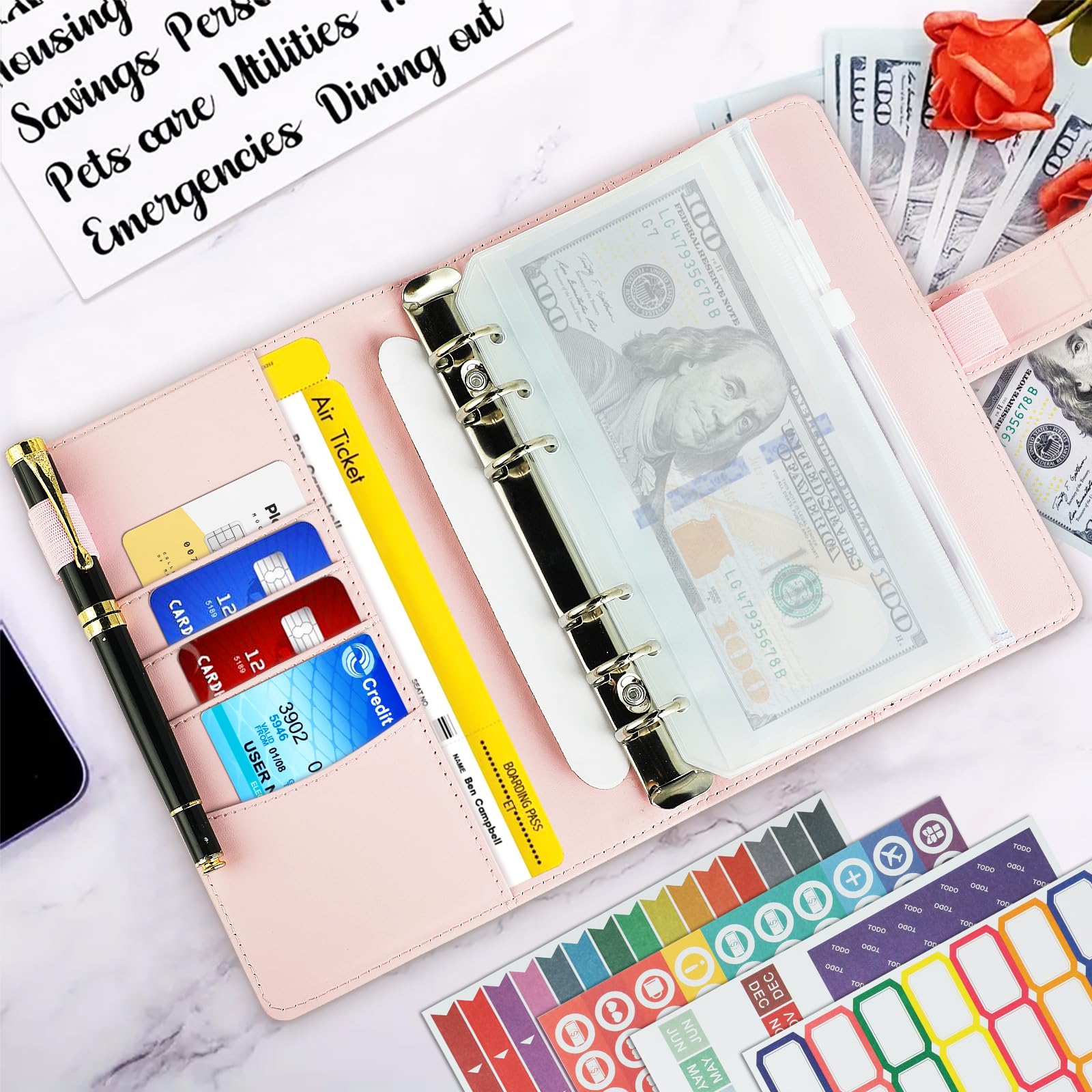 Budget Binder A6 Planner Finansowy z 8 Kopertami na Suwak Różowy | Skóra PU, 12 kart budżetowych, zarządzanie gotówką, planowanie wydatków, organizacja podróży, z linijką i naklejkami
