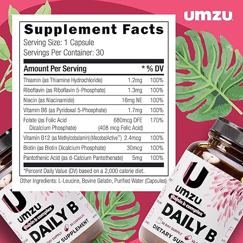 Miniatura 4 de UMZU Suministro diario B, 30 días – Mezcla completa de suplementos de complejo de vitamina B con B1, B2, B3, B5, B6, B7, B9 y B12 más ácido fólico y