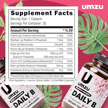 UMZU Daily B، 30 Day Supply Complete Vitamin B Complex Supplement مزيج مع B1 وB2 وB3 وB5 وB6 وB7 وB9 وB12 بالإضافة إلى حمض الفوليك والبيوتين يدعم الطاقة والتركيز والمزاج والتمثيل الغذائي والعافية العامة