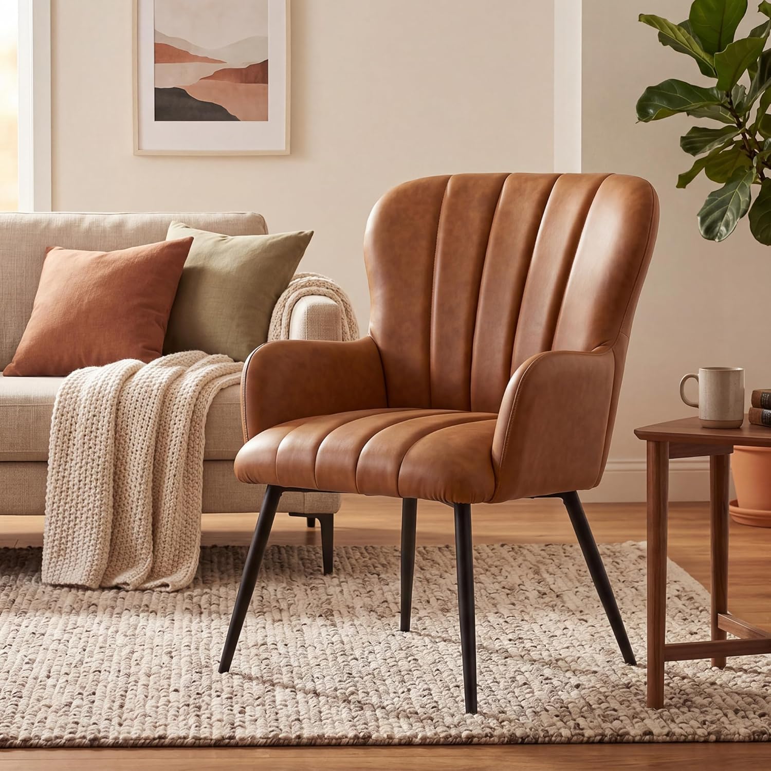 Brown Leather Accent Chair for Living Room – Modern High Back Wingback Armchair - Image 7