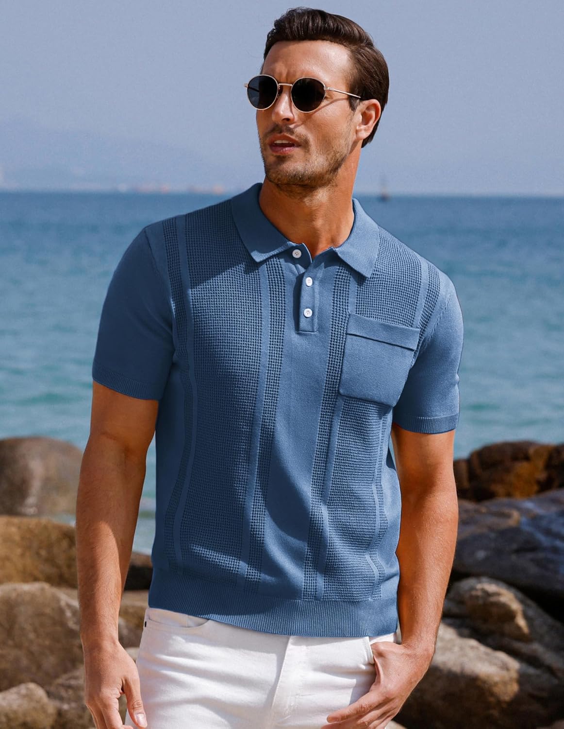 GRACE KARIN Mens Knit Polo Shirts Short Sleeve Knitted Texture Lightweight Waffle Golf Shirts Sweater Indigo Large image 2 of 6 B0DY1D48CP