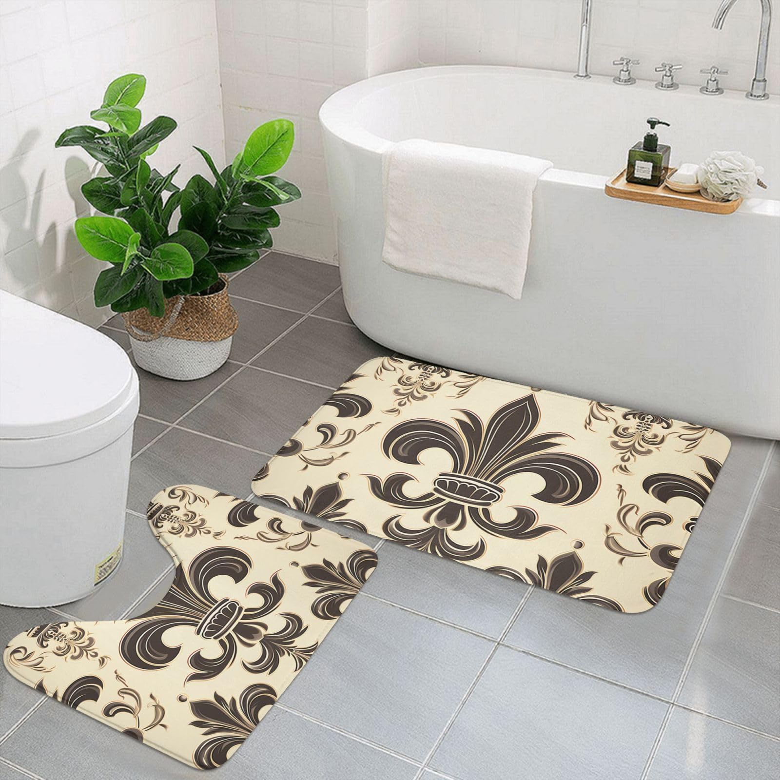 Tapis de bain en microfibre noir avec contour WC assorti motif fleur de lis