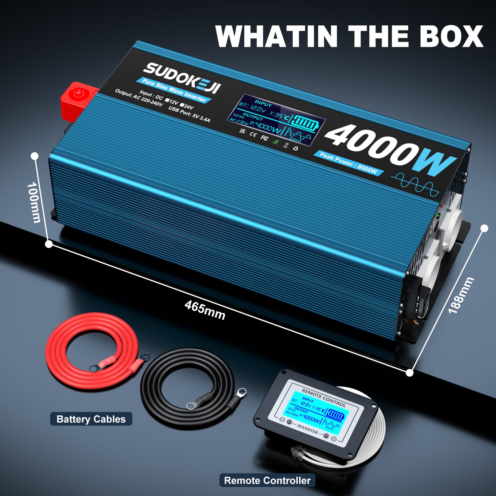 SUDOKEIJI Inverter 4000W Onda Sinusoidale Pura 12V a 230V Convertitore di Tensione con Telecomando Schermo LCD 2 Prese EU e 2 Porte USB per Camper Camion Campeggio Nautica