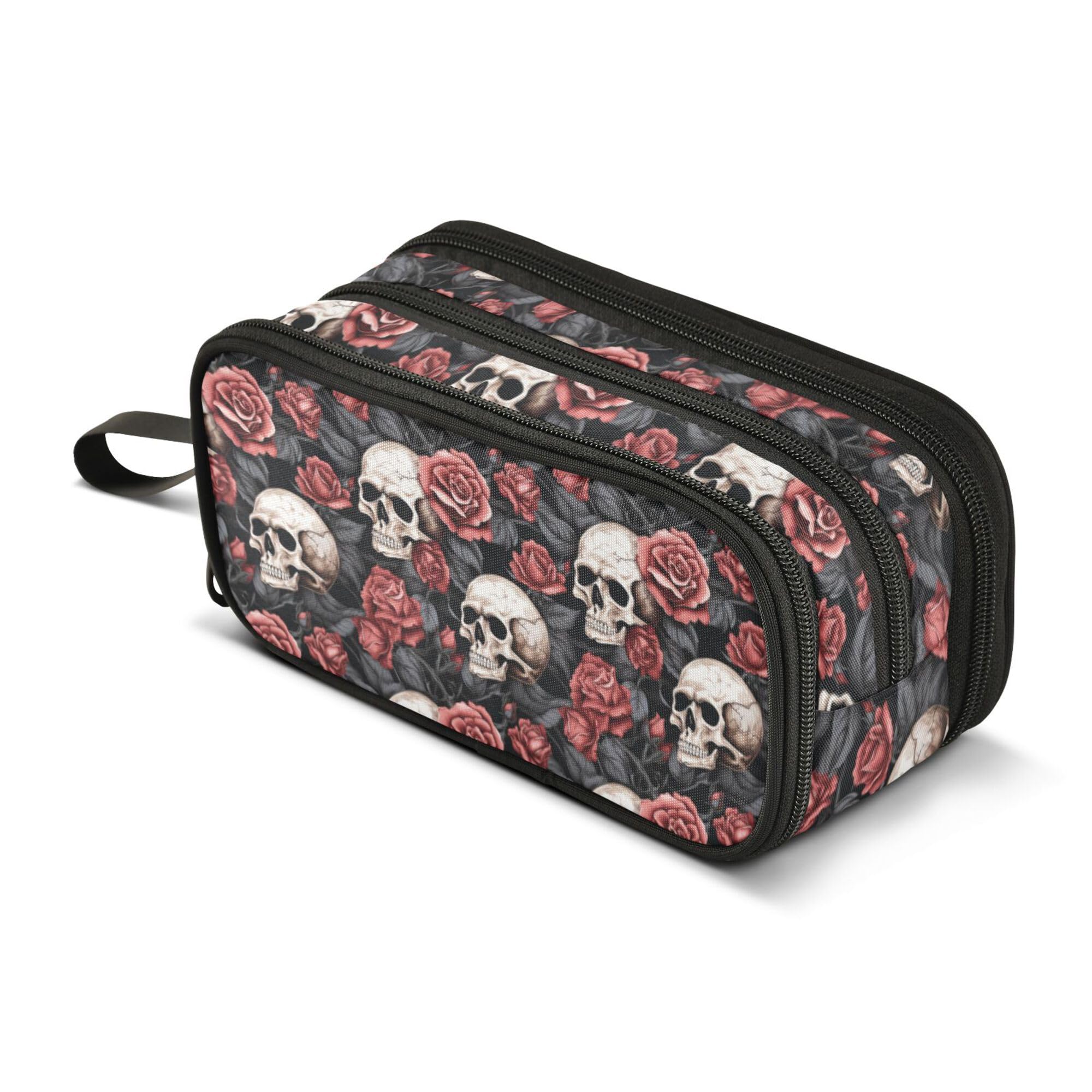 Large Pencil Case, Big Capacity Pencil Bag Pen Pouch Holder 3 Compartments,Gothic Skull and Flower School Office Supplies Stationery Makeup Bag Storage Organizer for Students Girls Boys Women Men