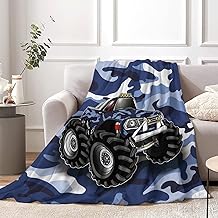 Camouflage Blue Truck Throw Blanket for Boys, Cozy Monster Cartoon Truck Fuzzy Flannel Blanket Gift for Kids, 40 x 50 Inch Soft Warm Camo Blue Truck Plush Blanket for Toddler Sofa Bed Couch Decor