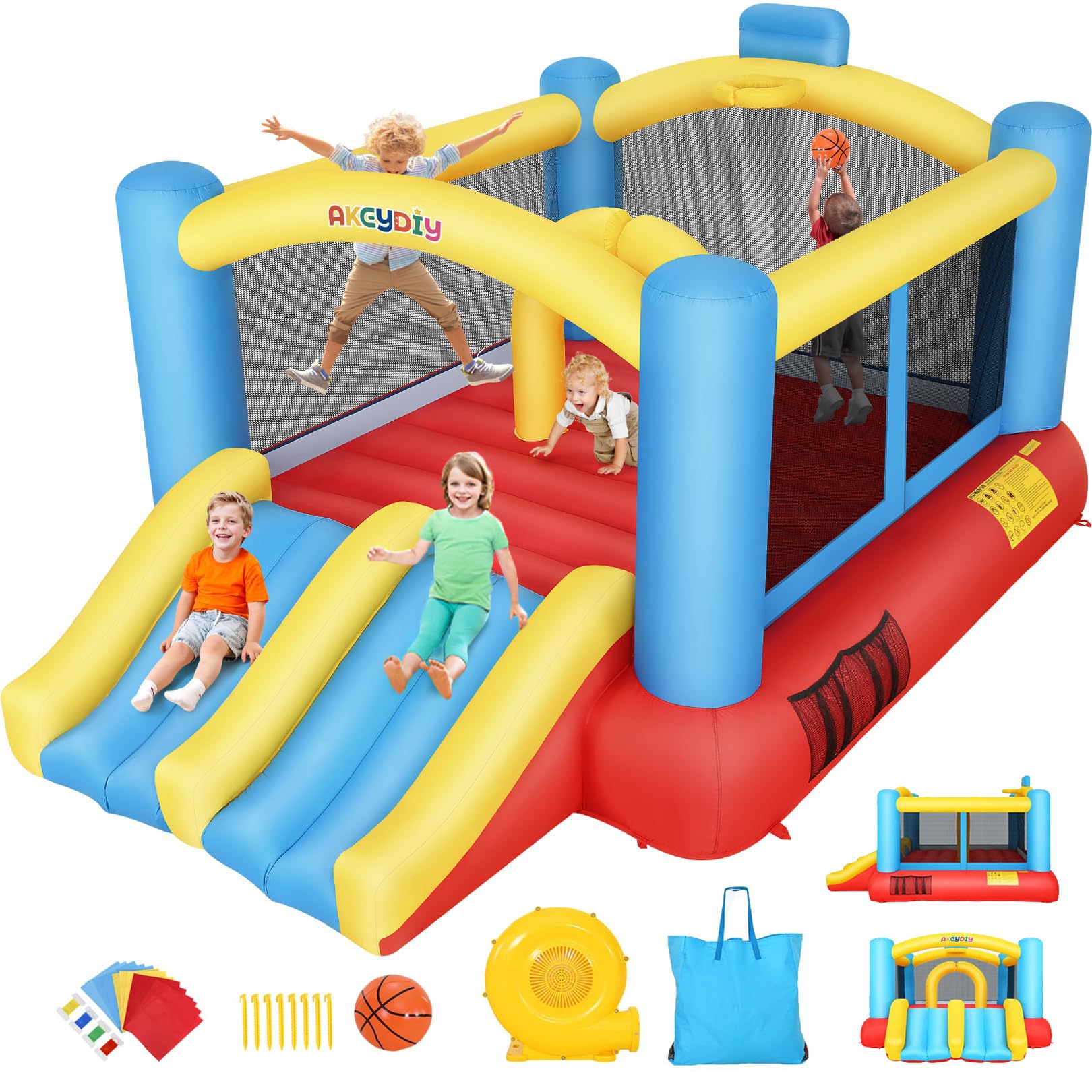 AKEYDIY Bounce House Obstacle Course for Kids 3-12, Bouncy Castle W/Double Slides 13FTX10FT,Blower Included,Large Bounce Area/Basketball Hoop, Inflatable Bouncer for Outdoor Backyard Party