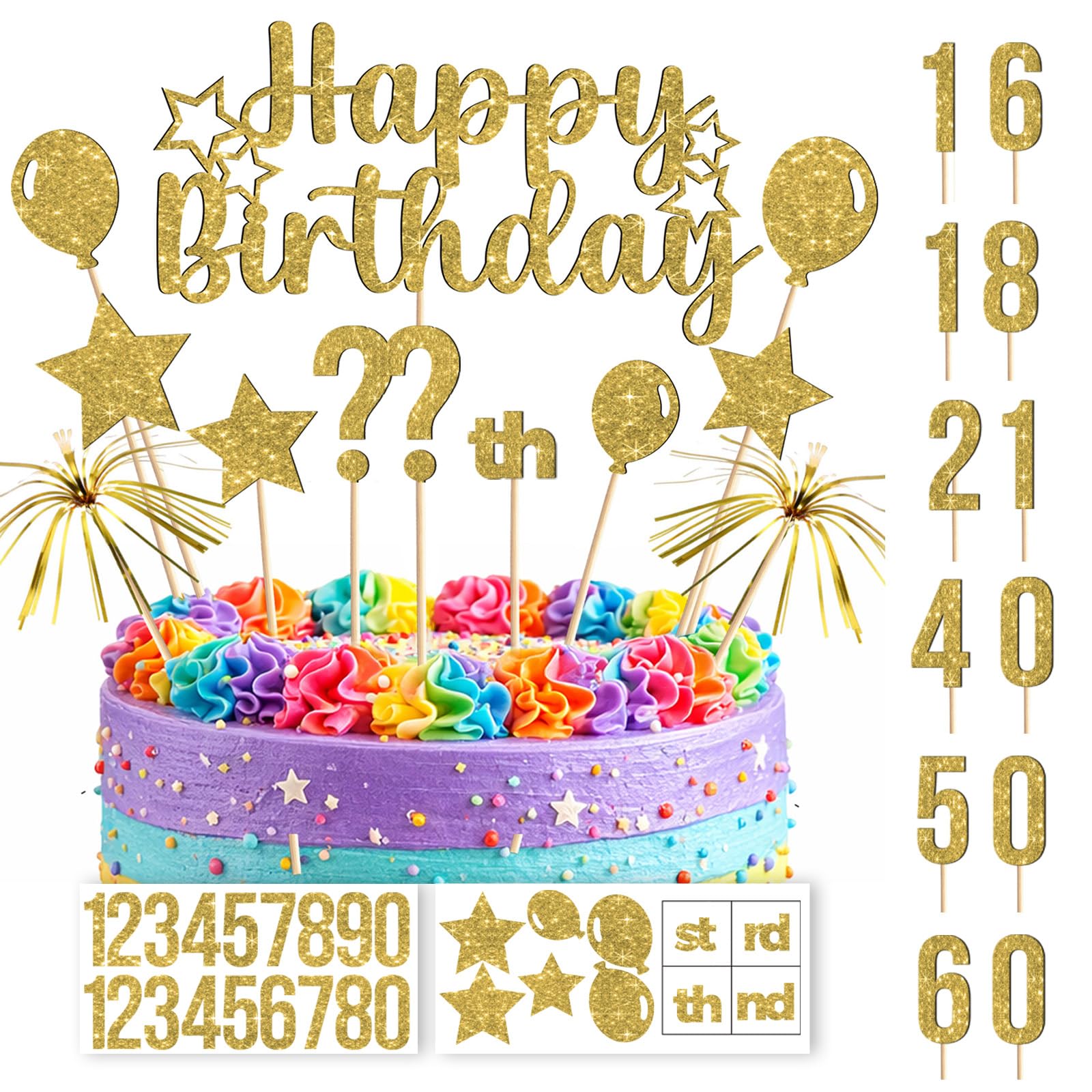 Happy Birthday Cake Topper Set with Numbers – Gold Glitter DIY Age Cake Decorations, Stars, Balloons, Sparkler Picks, Birthday Party Cake Decor Supplies for Any Age