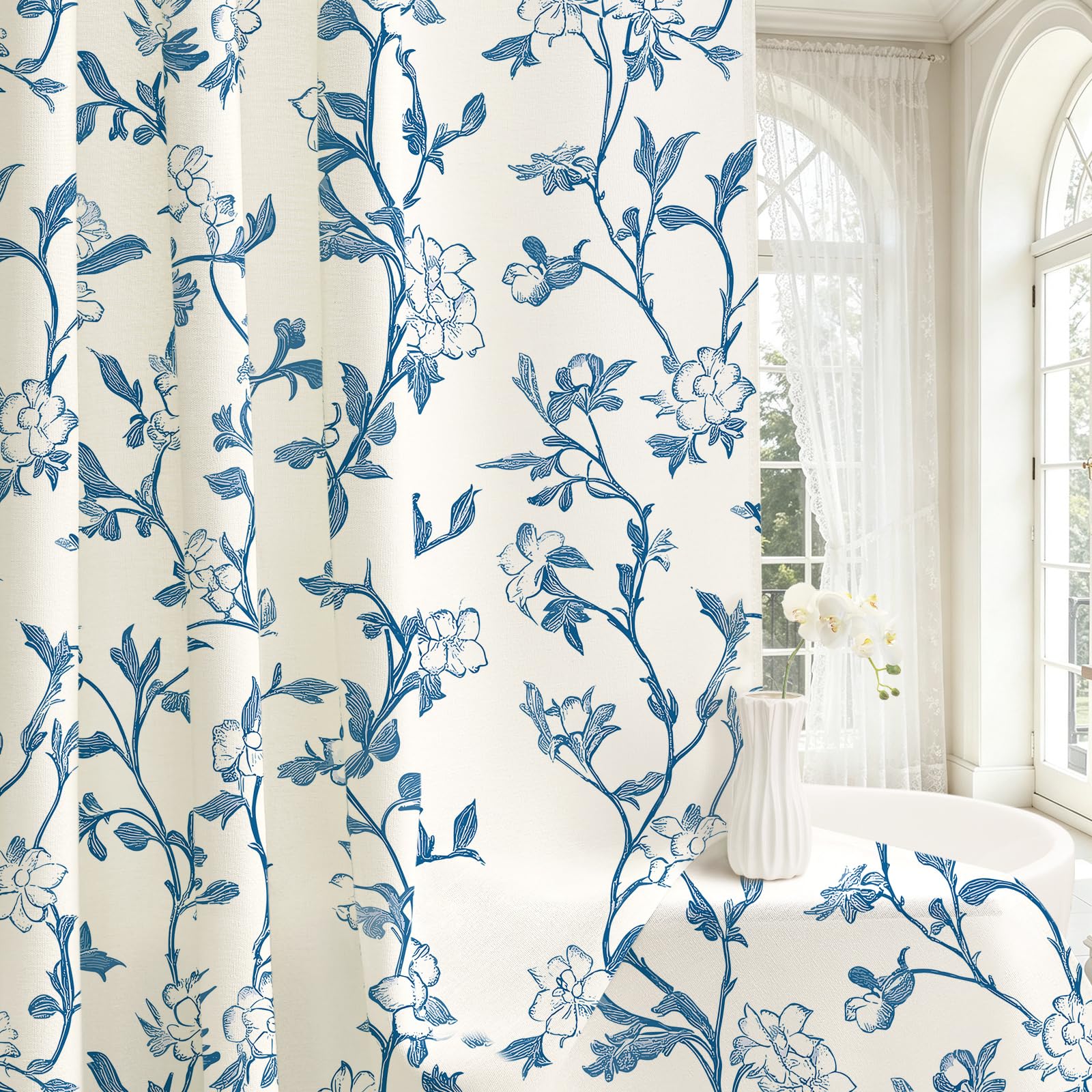 Blue Floral Cotton Shower Curtain, Cottage Farmhouse Fabric Curtain, 36x72