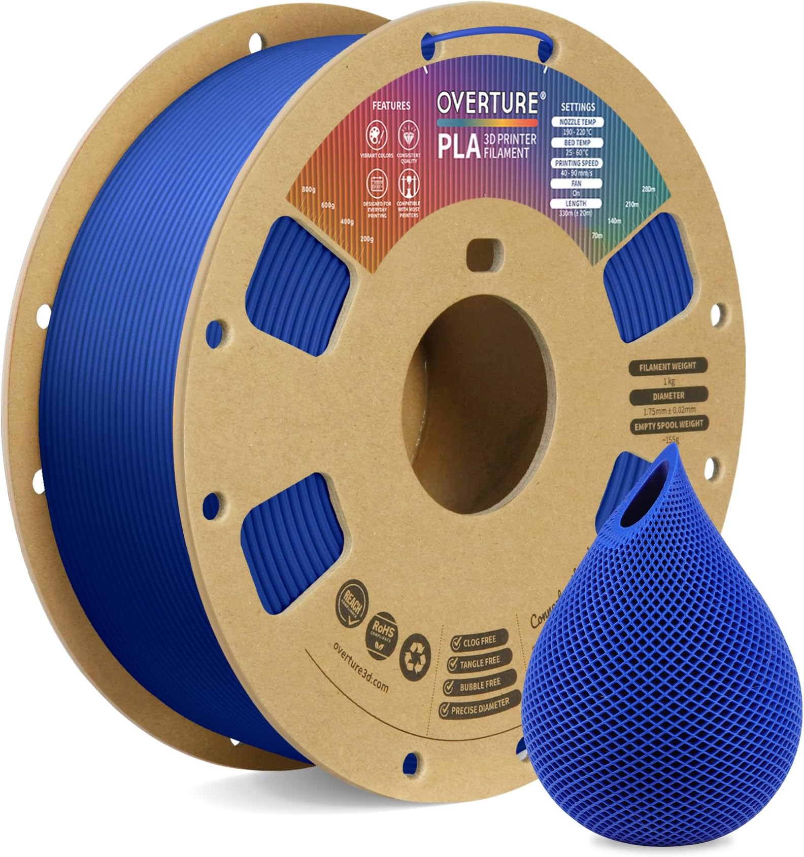 OVERTURE PLA Filament 1.75mm PLA 3D Printer Filament, 1kg Cardboard Spool (2.2lbs), Dimensional Accuracy +/- 0.03mm, Fit Most FDM Printer (Blue)