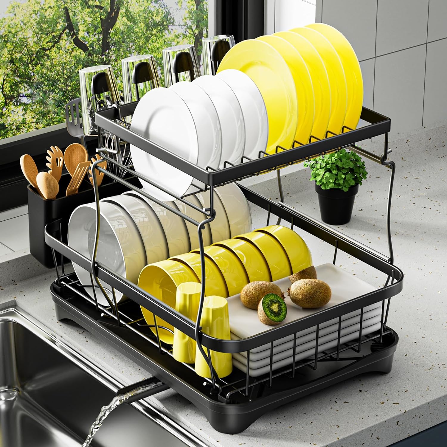 Dish Drying Rack 2-Tier Dish Racks for Kitchen Counter, Adjustable Spout Auto-Draining Dish Rack, Large Capacity for Plates, Bowls, Cups, Tableware?Dish Drainer with Drainboard,Black 2 Tier - Black Metal