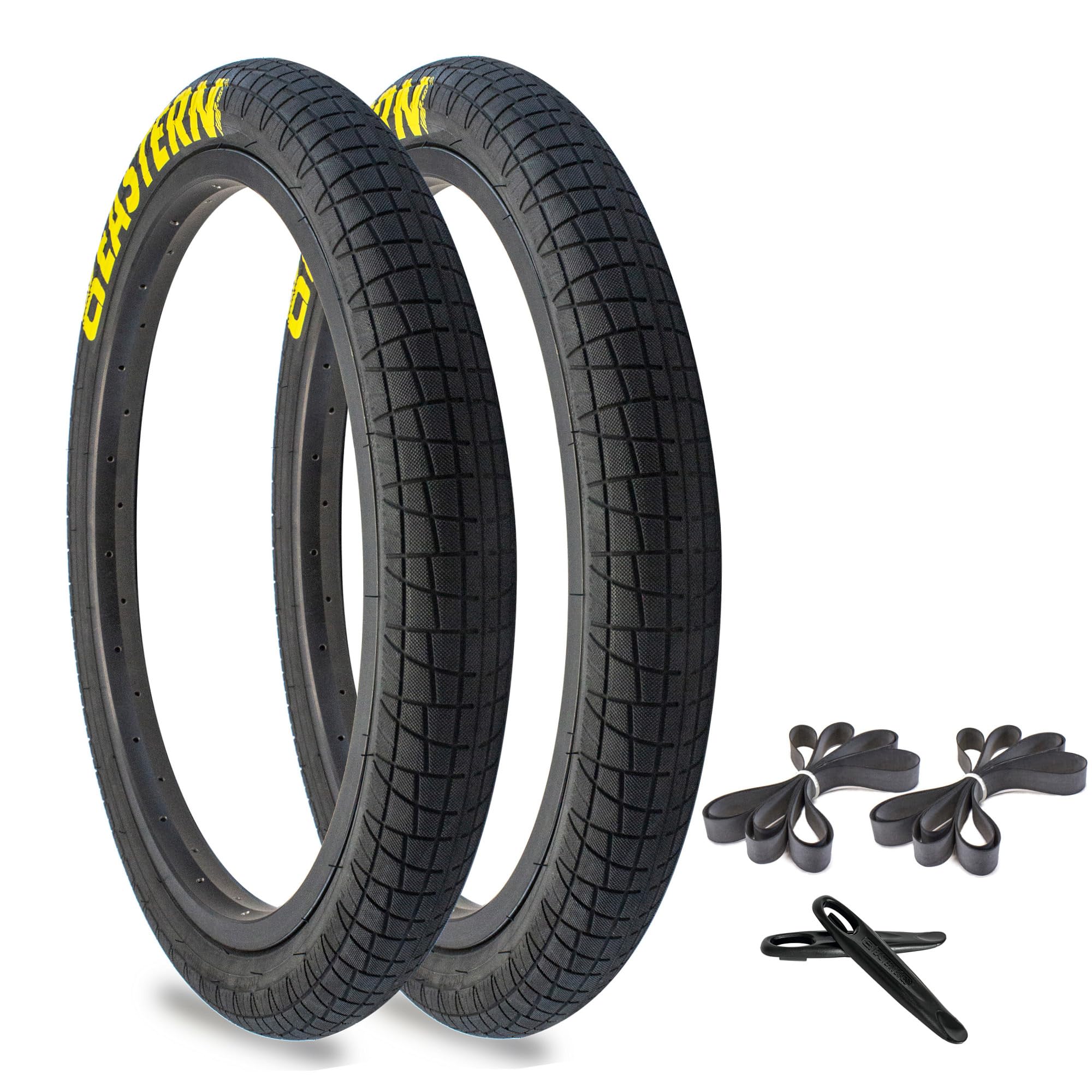 Eastern Bikes Throttle 20 inch BMX Tires Available with or Without Tubes, 2.2, 2.3 and 2.4 Inch Widths, White or Yellow Logo.