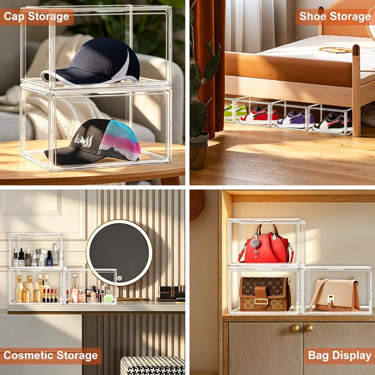 Clear Shoe Storage Boxes 6 Pack, Size 14 Acrylic Shoe Box Stackable Large Sneakers Display Case with Magnetic Door Hat Collectibles Handbag Purse Organizer for Closet