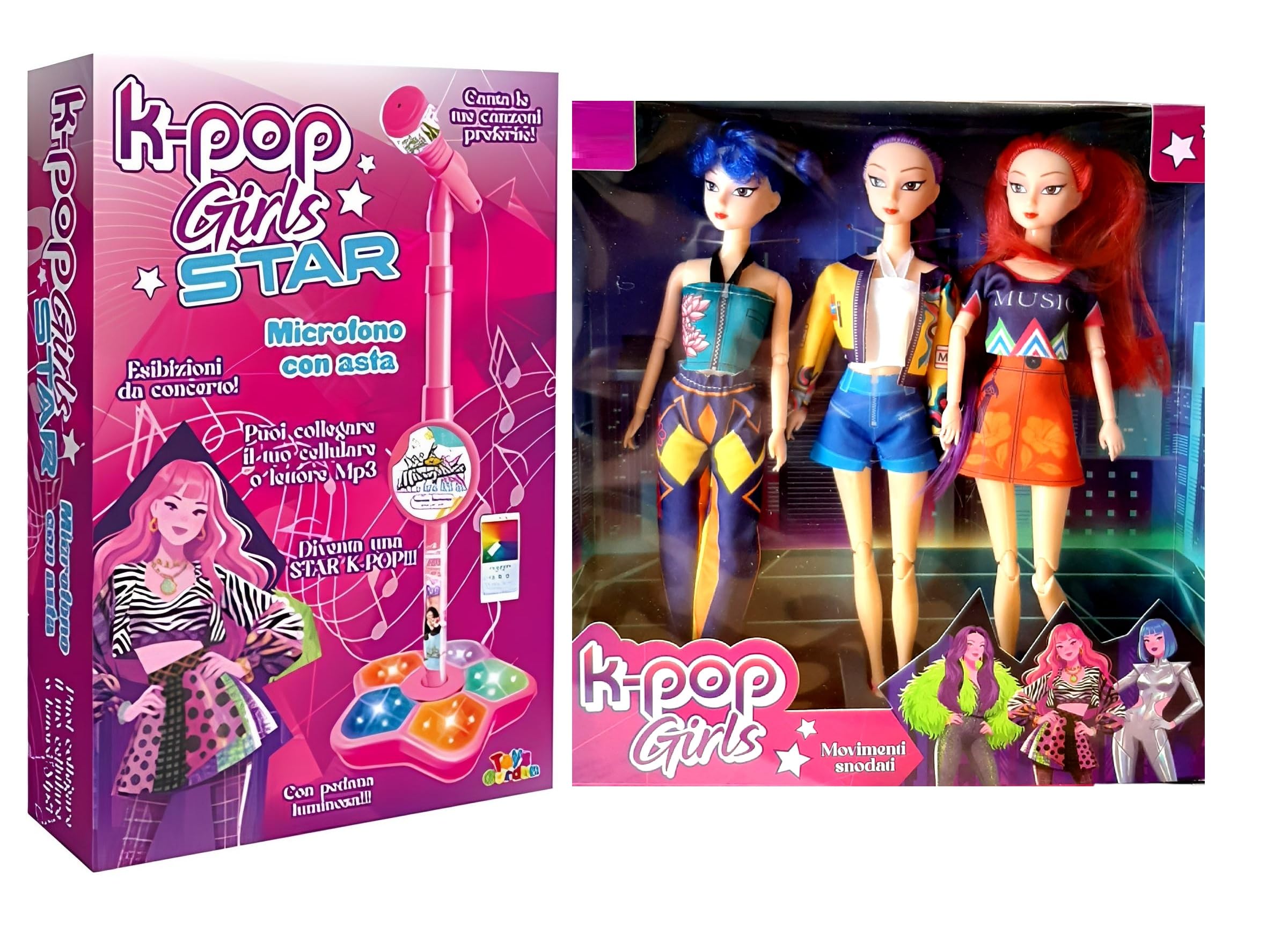 Microphone karaoké K pop Idols Stars Rumi Mira Zoeycon perche réglable connexion MP3/smartphone, jouet pour filles 100 cm, lumières + lot de 3 poupées H 30 cm – Idée cadeau