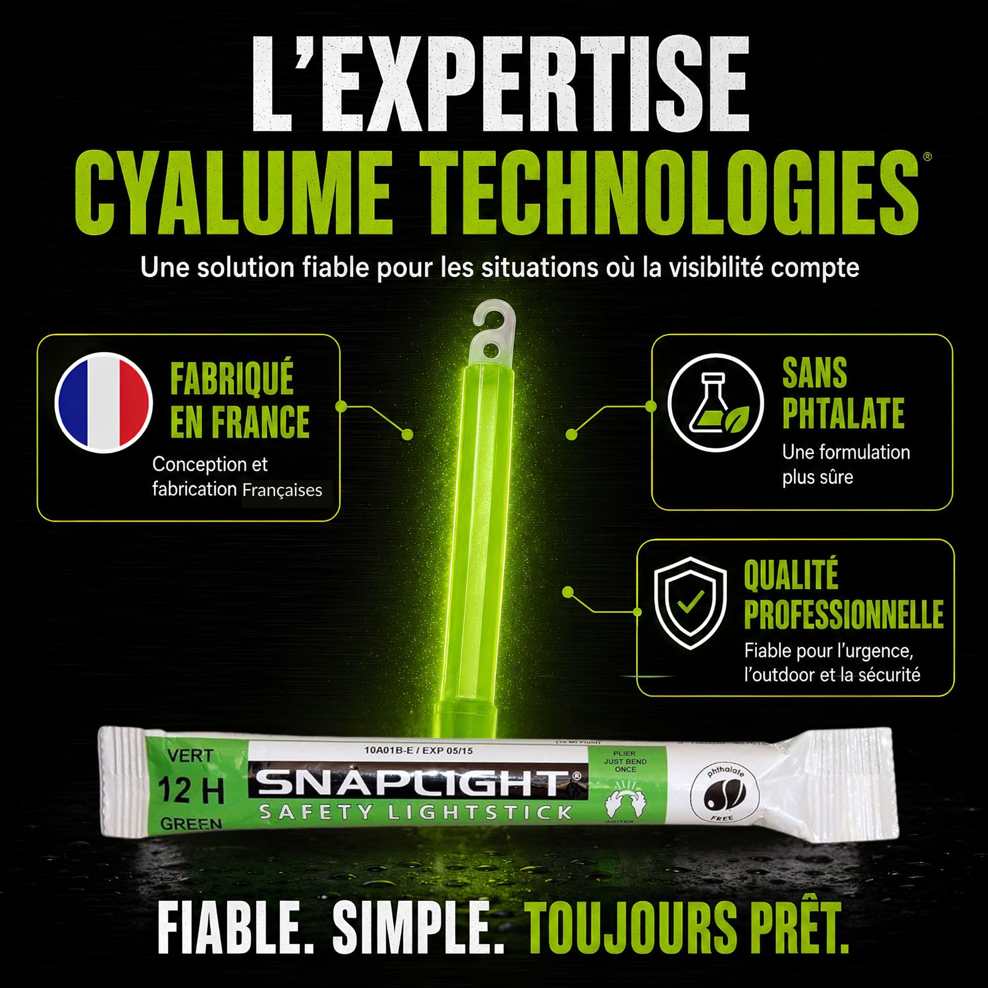 Bâton Lumineux Vert Cyalume Snaplight, Survie 15cm 12 heures 10 pièces | Qualité Militaire, Reach, Made in France, Survie Outdoor Nautique, Ni pile ni batterie, Sans toxiques, Eclairage Urgence
