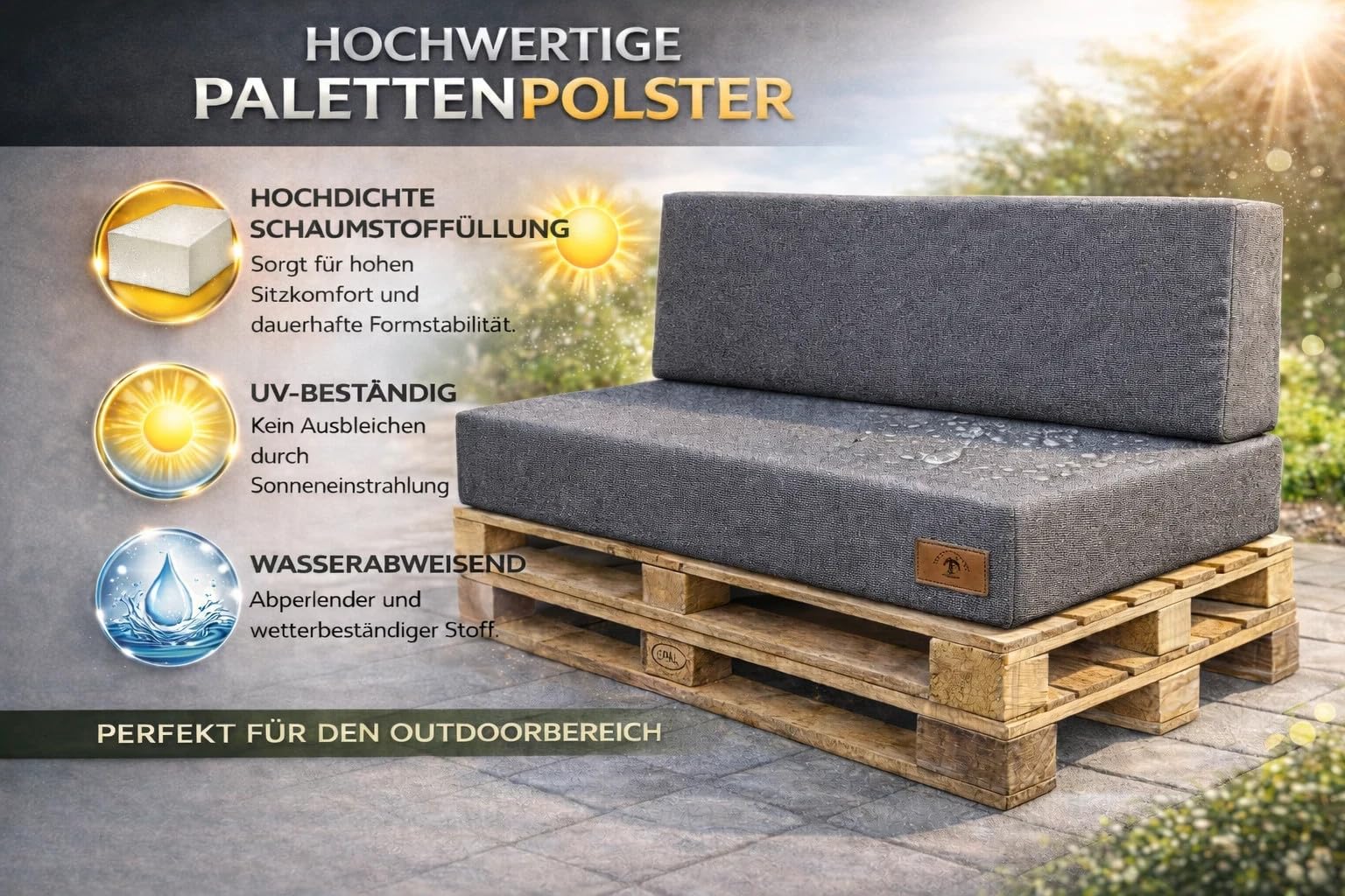 Odolplusz Juego de cojines para palés, 120 x 80 cm, gris, impermeable y resistente a los rayos UV, cojín de asiento y respaldo para palés europeos (gris oscuro)