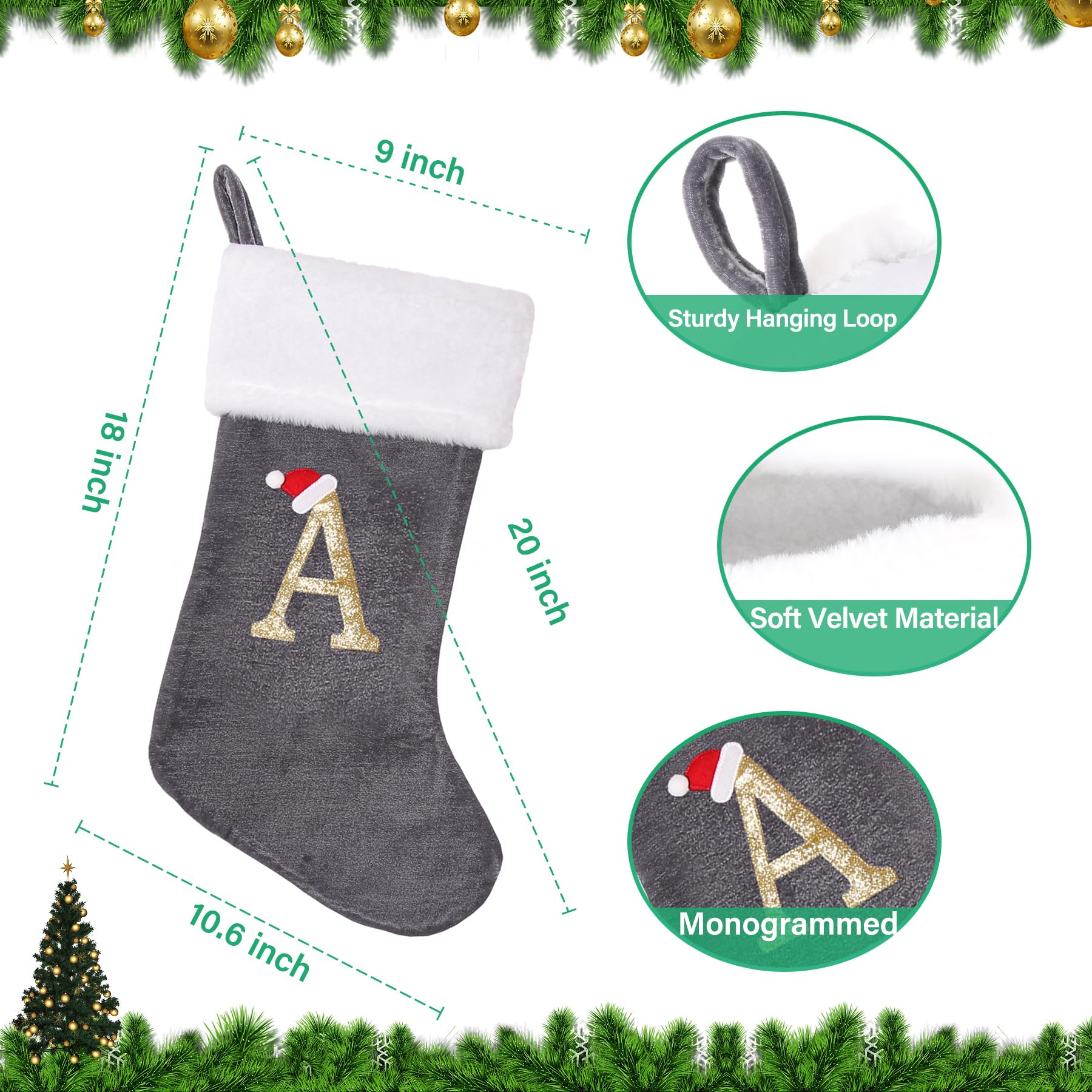 20 Inches Monogram Christmas Stockings with Letters, Large Super Soft Christmas Stockings Grey Velvet with White Super Soft Plush Cuff for Christmas Xmas Tree Holiday Fireplace Grey