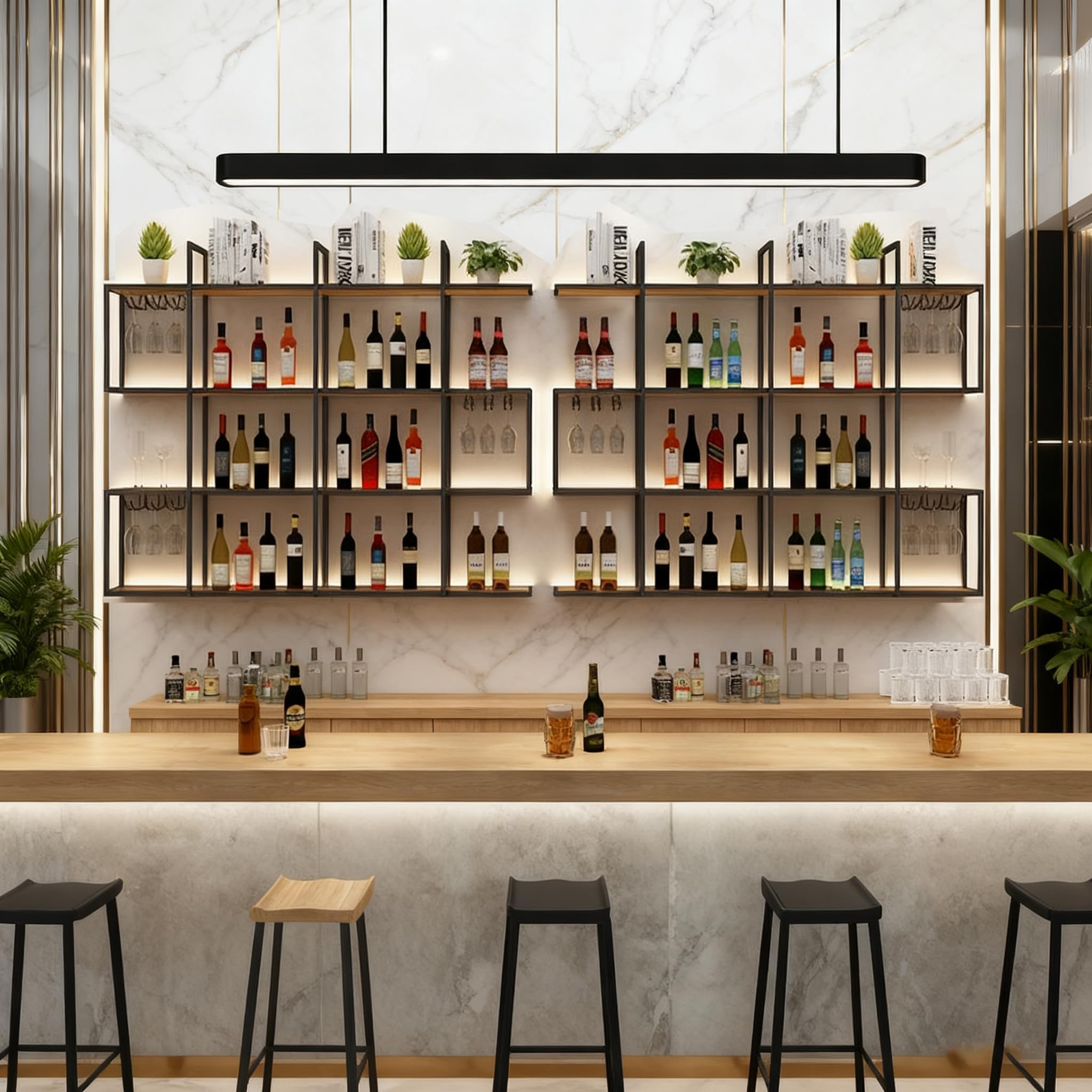 120CM Portabottiglie da parete con luce a LED, portabottiglie da parete in metallo a 4 ripiani con ripiani, industriale per la decorazione di bar e sala da pranzo (Black, 47.2IN)