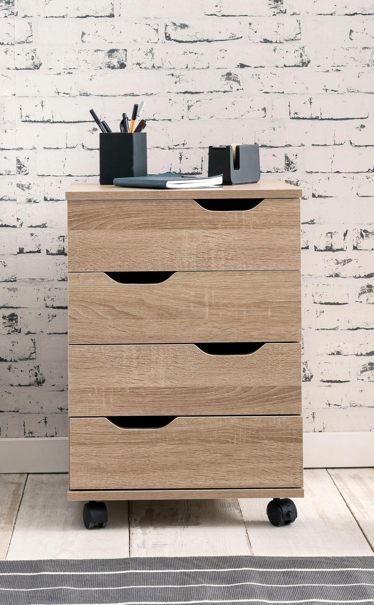 WOHNLING Cassettiera con Ruote 40x40x60 cm Sonoma con Cassetti | cassettiera da scrivania 4 spazioso cassetti, cassettiera da ufficio su ruote, mobile ruote per ufficio e smart working
