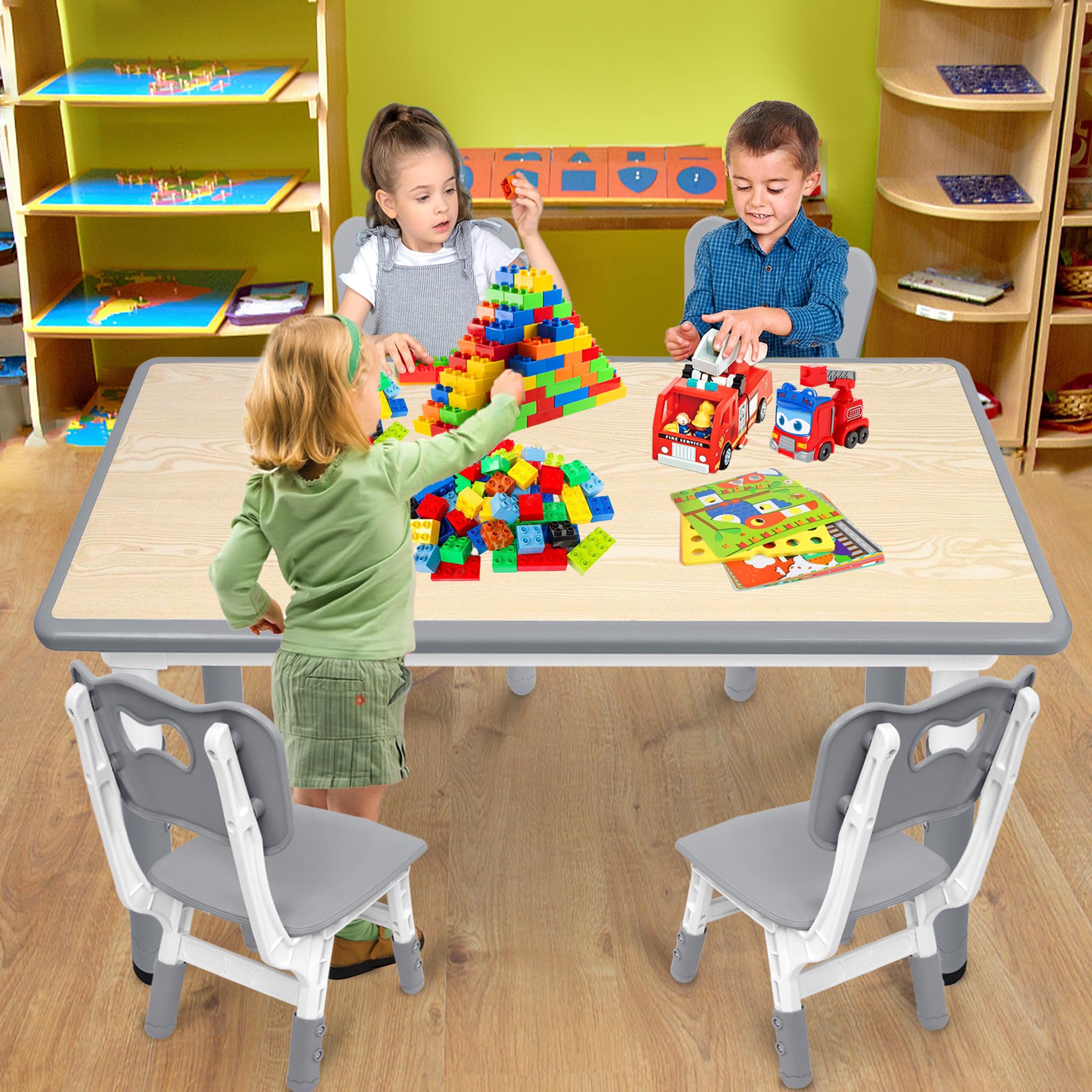 UISEBRT Tavolo per bambini con 4 sedie, regolabile in altezza, per bambini dai 2 anni in su, set da tavolo in plastica, mobili per bambini per l'asilo e la cameretta dei bambini, grigio