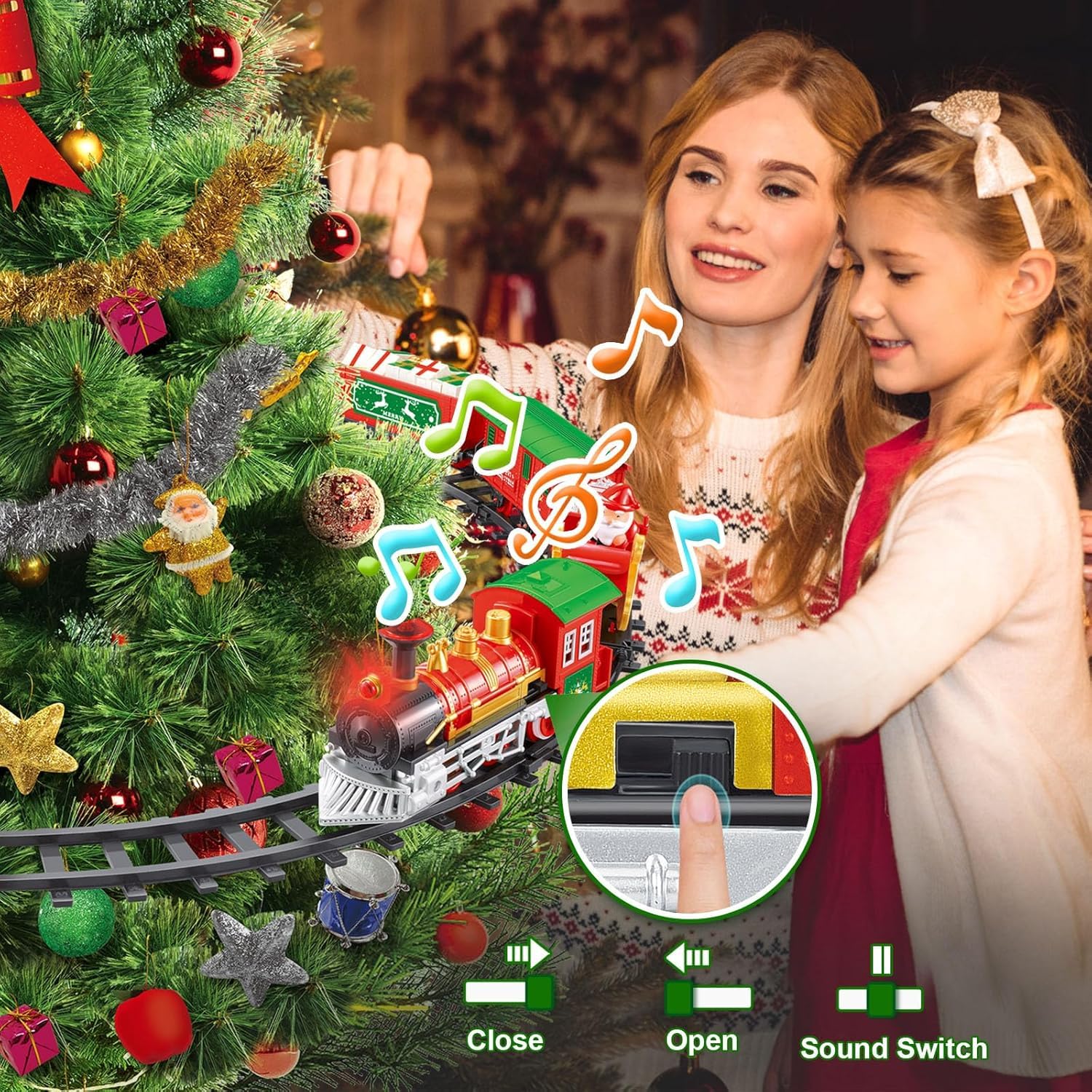 Trenino per Albero di Natale con Supporto Installazione per Albero di Natale - Riproduce Suoni, Dotato di 3 vagoni ed 1 Locomotiva