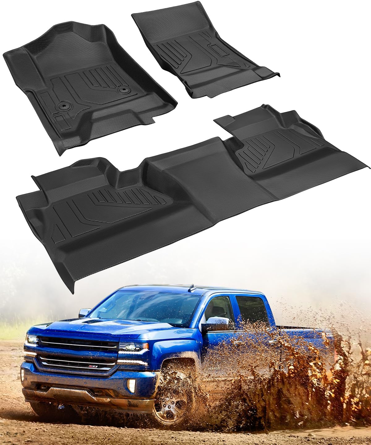 3 PCS CreekT All Weather Floor Mats for Chevy Silverado Crew Cab & for GMC Sierra 1500 2014-2018; 2500/3500 HD 2015-2019 Crew Cab, Waterproof TPE Rubber OEM Car Floor mats