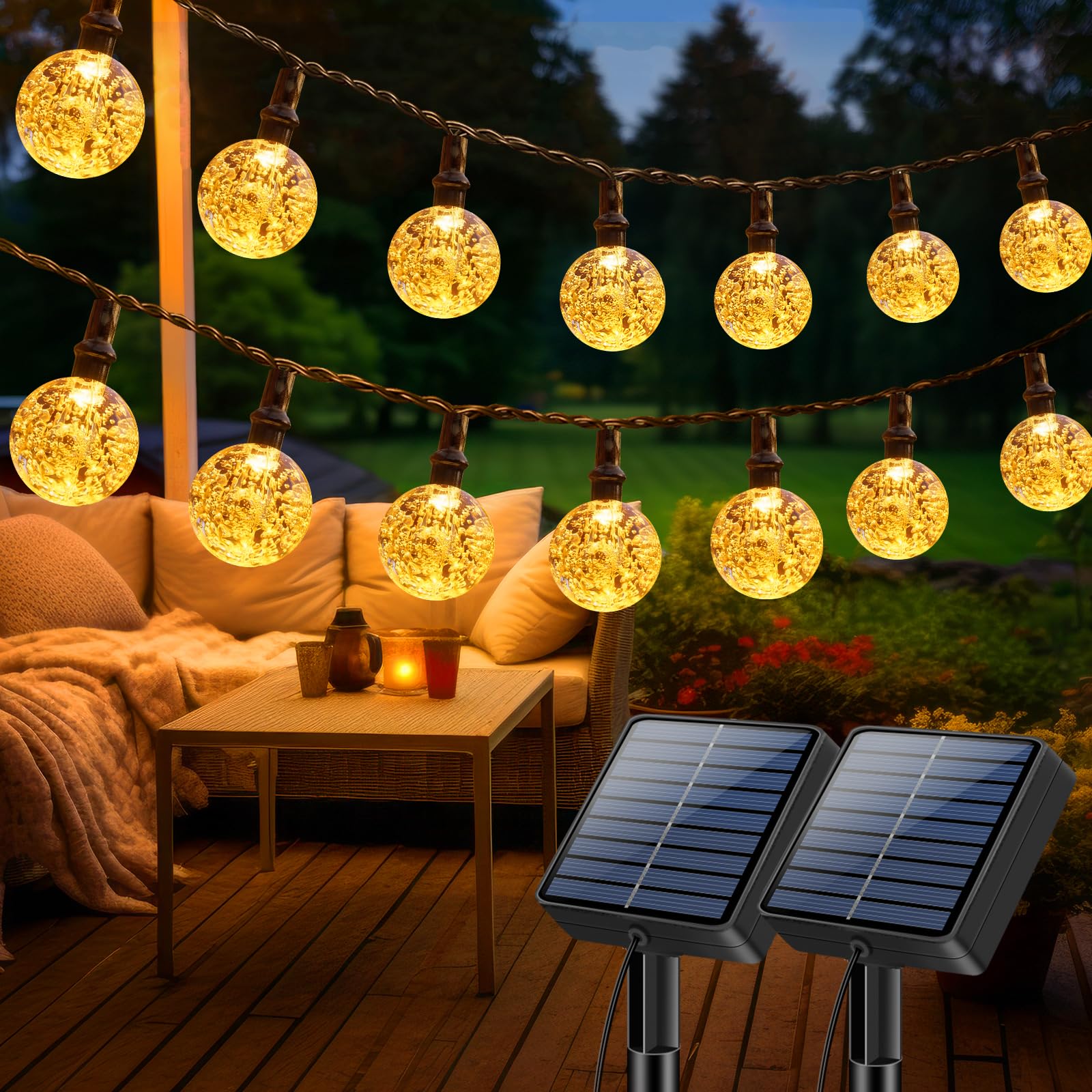 litogo Solar Lichterkette Aussen, 15M LED Lichterkette Außen Solar Wetterfest, 8 Modi Kristall Kugeln mit Memory-Funktion, Solarlichterkette Outdoor für Balkon, Garten, Terrasse, Partys, Warmweiß