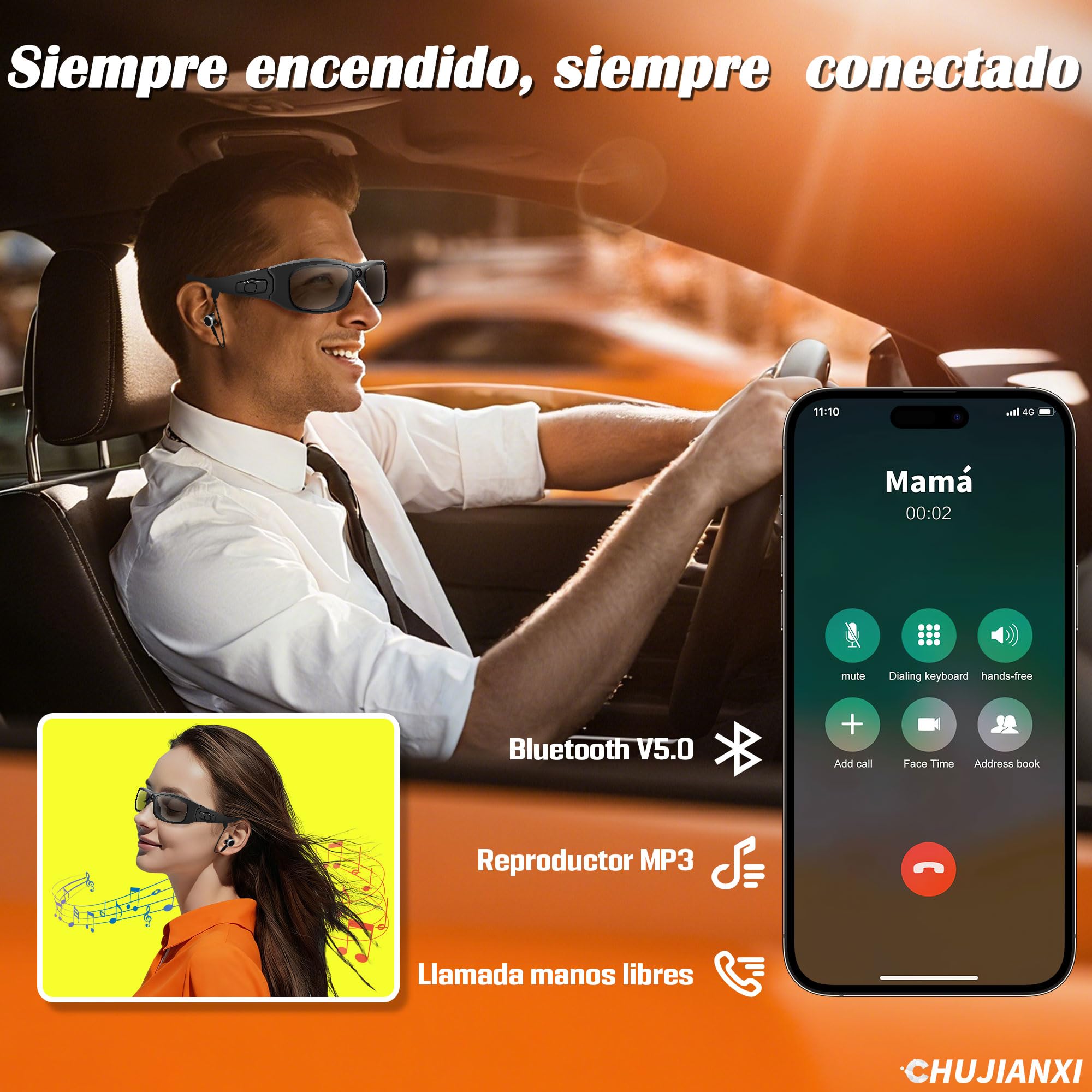 Mini cámara, Gafas con cámara y Bluetooth, Gafas de vídeo 1080p | Gafas de sol con cámara y lentes polarizadas UV400, gafas con cámara portátiles para deportes al aire libre, ciclismo