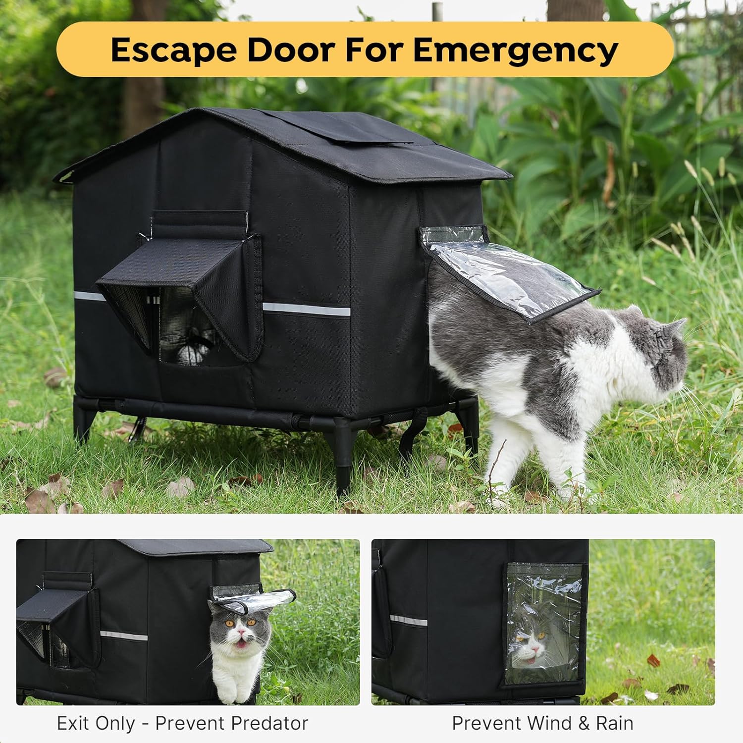 Veehoo Outdoor Heated Cat House Weatherproof, Outside Insulated Feral Cat Shelter with Elevated Base, Waterproof Eaves & Escape Door for Stray Barn Cats, 20.9"x13.0"x22.4"