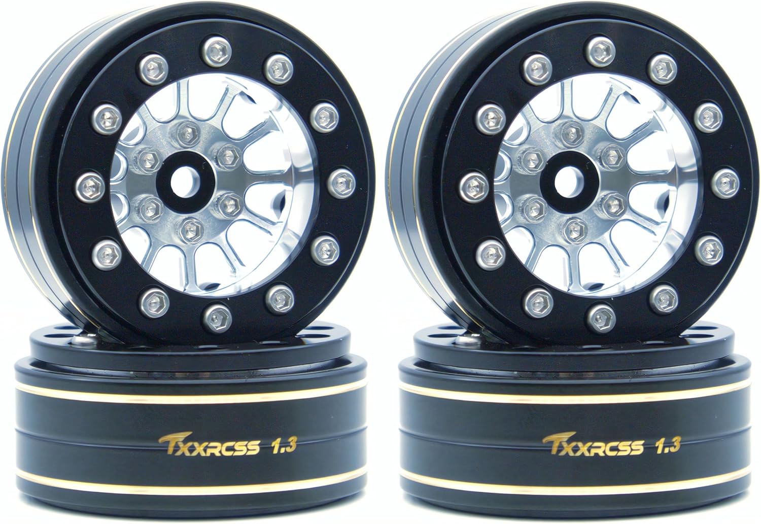 1.3 Beadlock Wheels & Brass Ring Weight 46.5g Adjustable Offset-3mm 1.3 wheels Hex 7mm for 1/18 1/24 RC Crawlers Upgrade 4Pc TF (Silver Black)