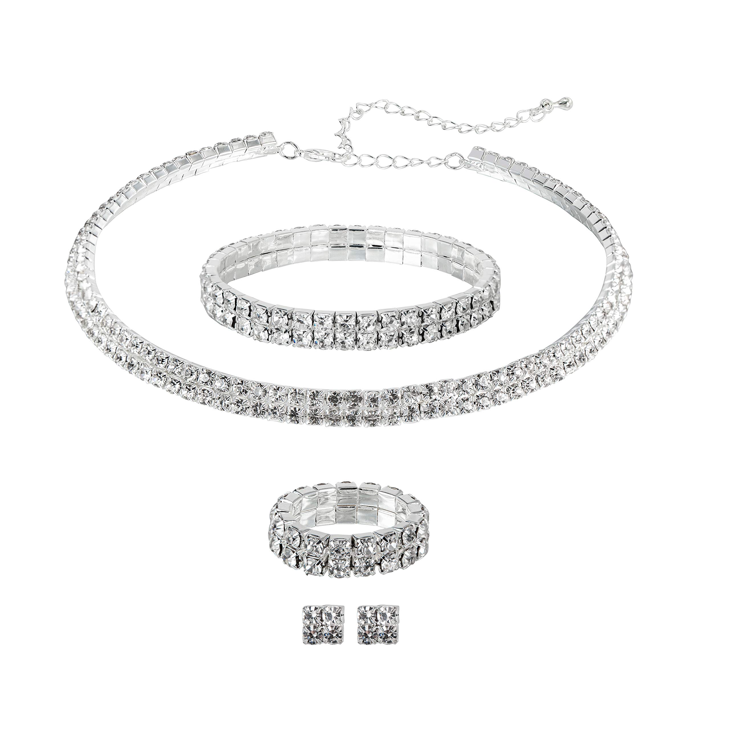 WiwiwWiwiw 2-5 Row Crystal Rhinestone Choker Necklace Earrings Bracelet Ring Jewelry Set for Bridal Wedding