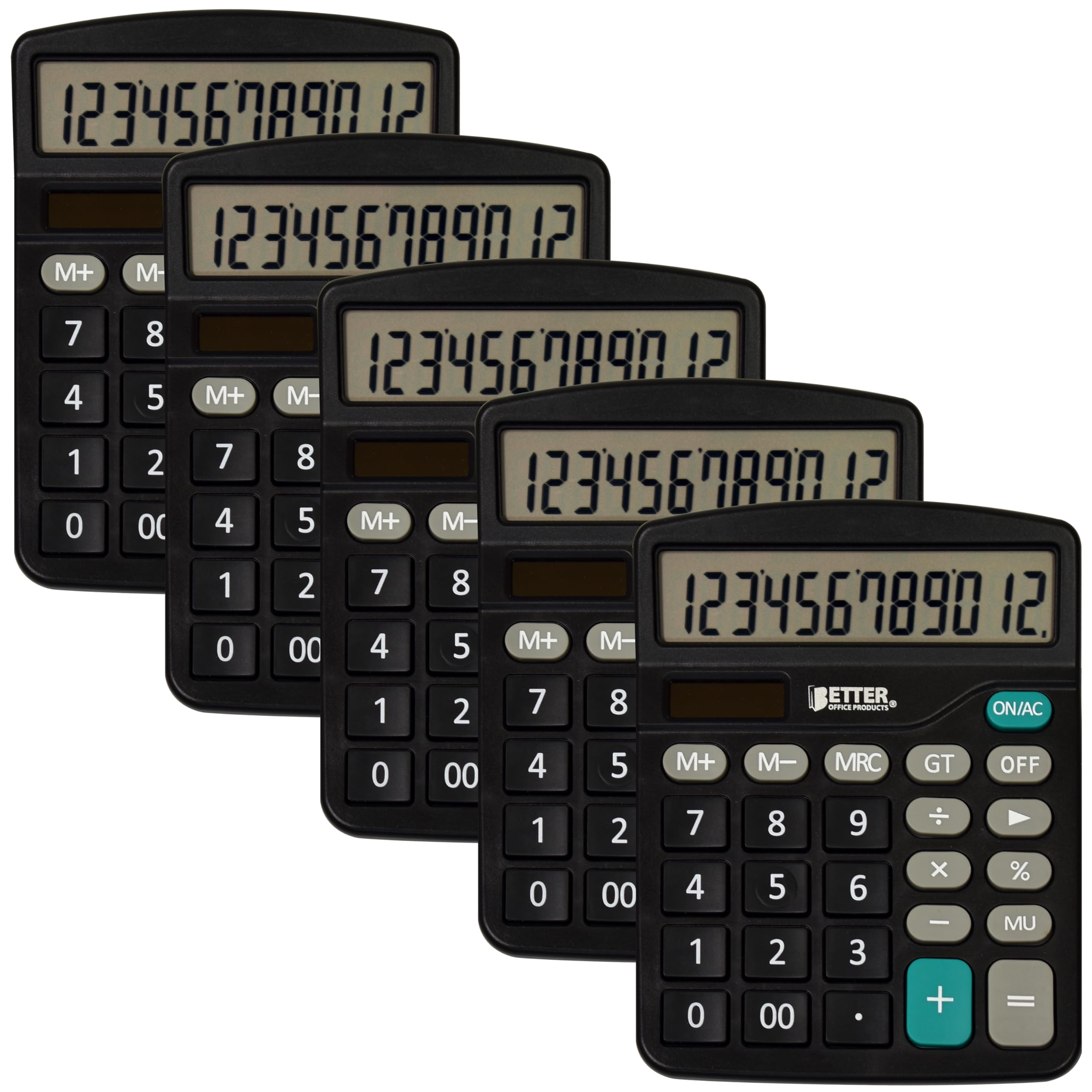 Better Office Products Large Desktop Calculators, 5 Pack, 12-Digit LCD Display, Angled Display Panel, Standard Function, Black, Dual Power with Included AA Battery Power, 5 Pack
