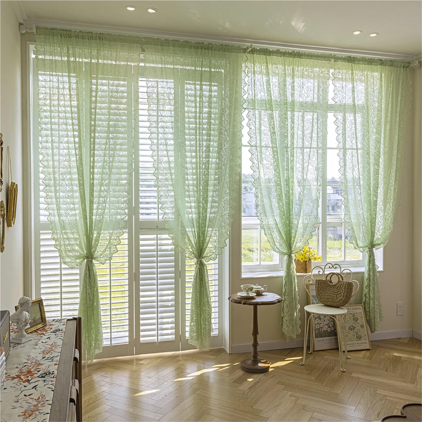 Voilage transparent en dentelle brodée florale romantique pour fenêtre et porte de salon Det Ele Vert 1 pièce Décoration d'intérieur