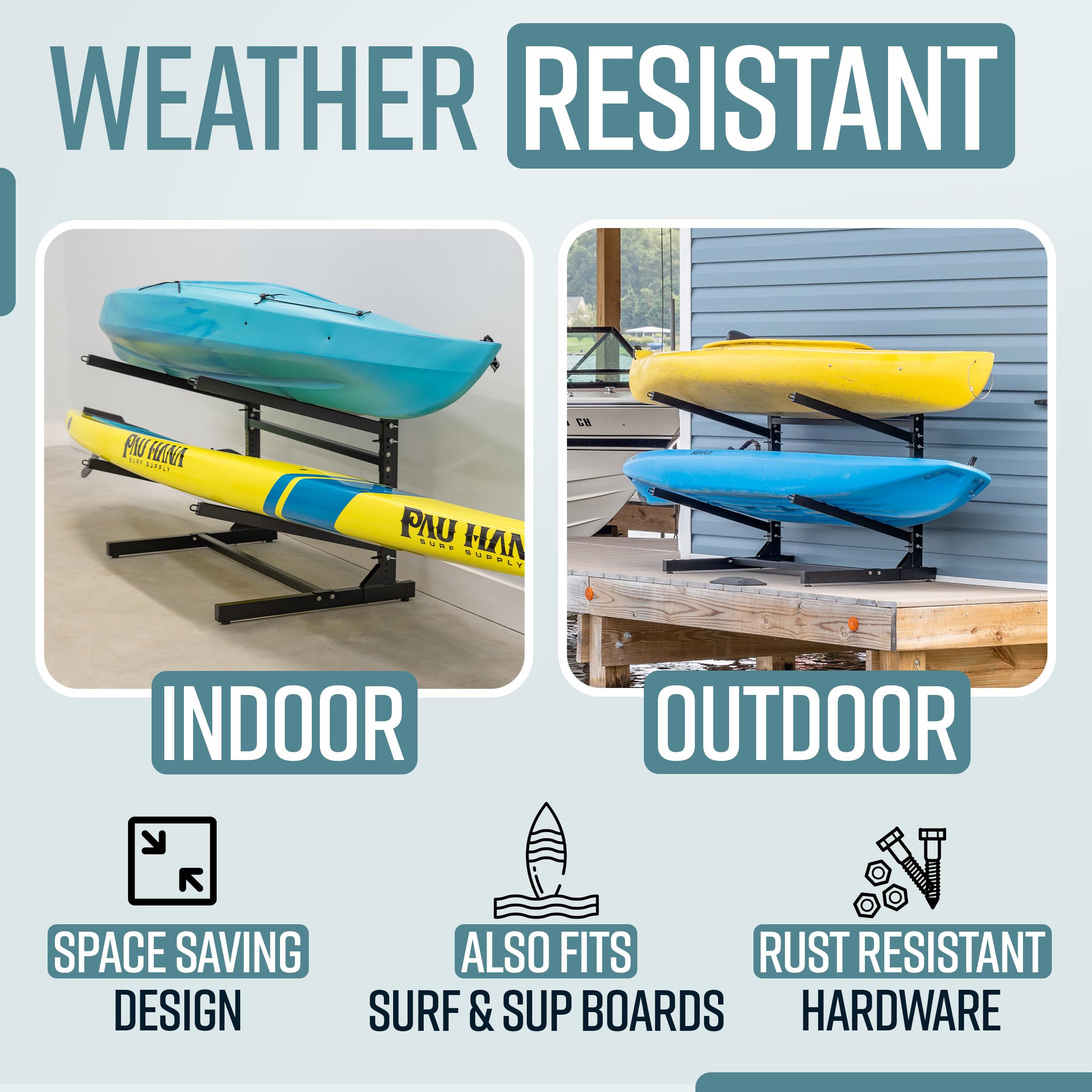 Teal Triangle Estante de almacenamiento independiente para kayak, 2 soportes para kayak y canoa, kayak para interiores y exteriores, soporte ajustable para tabla de surf y tabla de remo, soporte de