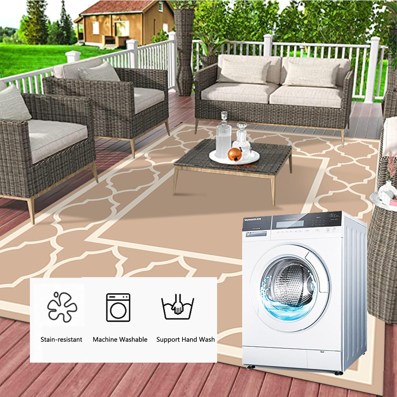 Patio Door Rugs Outdoor Indoor, 5x7 Indoor Outdoor Area Rug Geometric Designs, Outdoor Deck Carpet for Under Patio Table Non Slip Outdoor Rugs Foldable for Garden, Balcony, RV, Camping