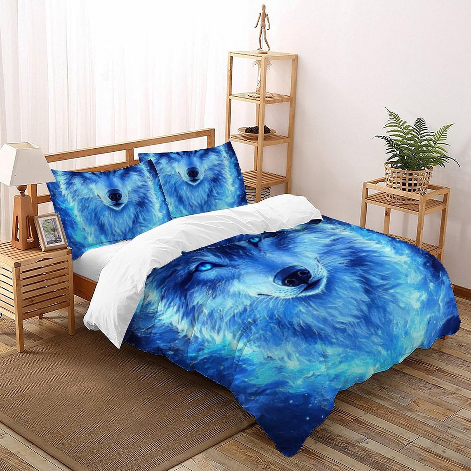 Housse de couette loup de feu lit double 200x200 anti-plis pour lit d'enfant