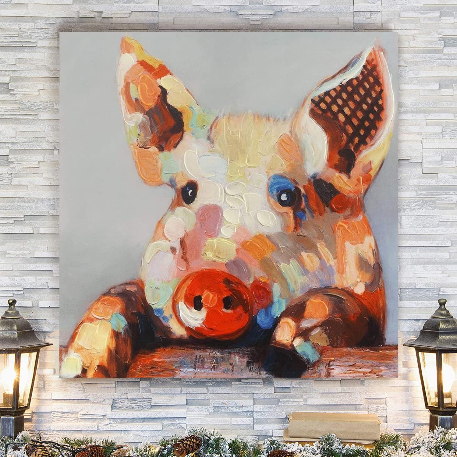 Colorful Animals Pig Paintings Canvas Wall Art Farm Animal Oil Paintings Abstract Artwork Wall Decor Ready to Hang