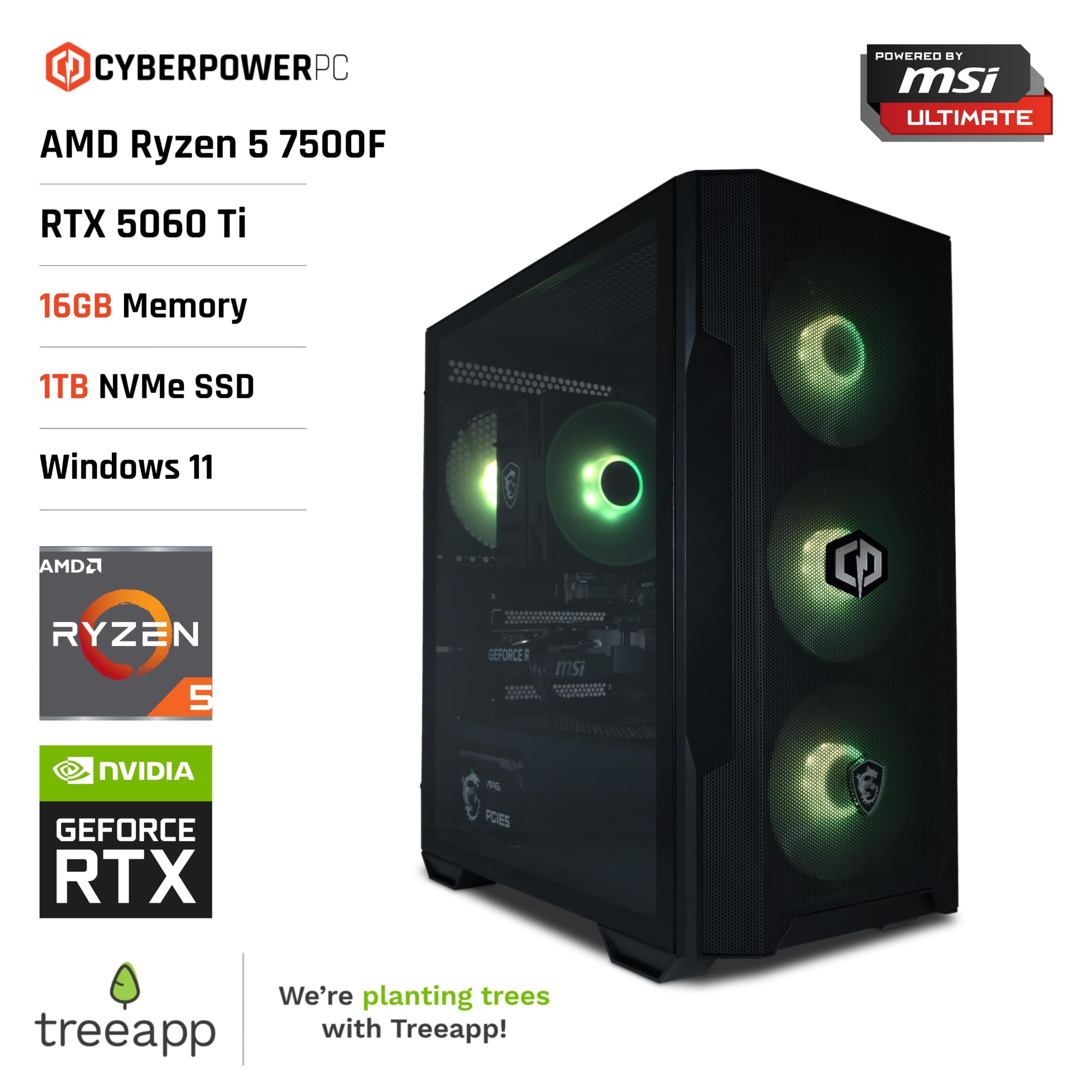 CYBERPOWERPC x MSI PBM Gaming PC - AMD Ryzen 5 7500F, Nvidia RTX 5060 Ti, 16 GB de RAM, 1 TB NVMe SSD, 850 W PSU, Wi-Fi, Windows 11, Forge M100R