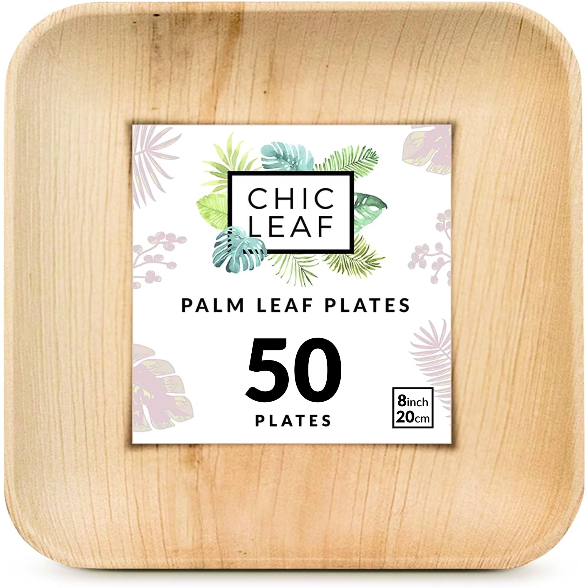 Chic Leaf Disposable Palm Leaf Plates - 50 Count, 8" Square, Christmas Meal - Bamboo Plates, Biodegradable & Compostable - Microwave Safe & Heavy Duty - Event & Party Supplies - Wedding Decor