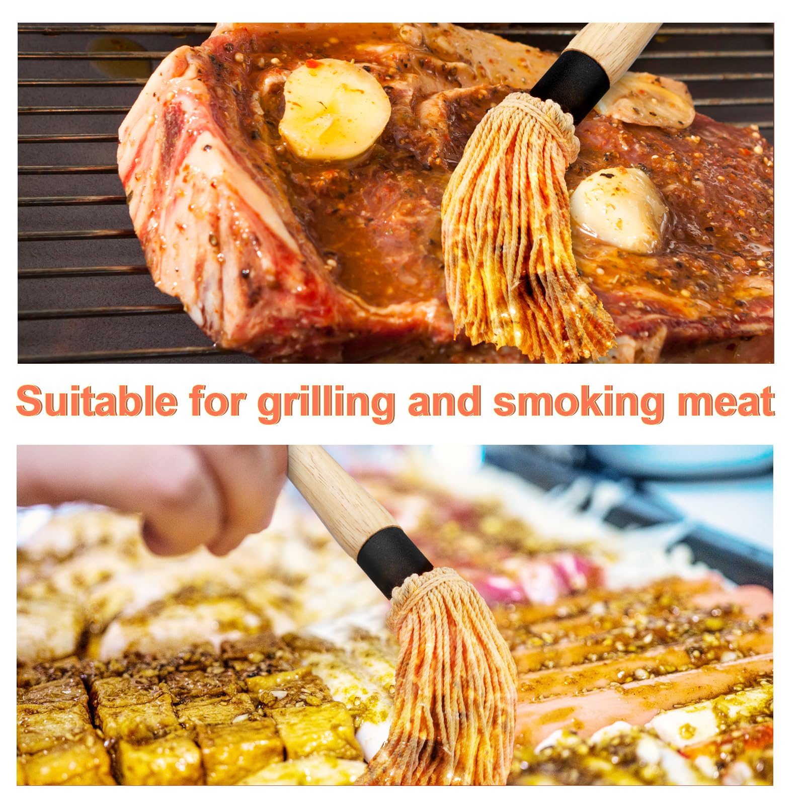 2 Piezas Fregonas para Barbacoa, 46cm Mango Largo de Madera Cepillo para Barbacoa Fregonas para Salsa con 6 Cabezales de Repuesto Adicionales para Barbacoa Parrilla Ahumar Bistec