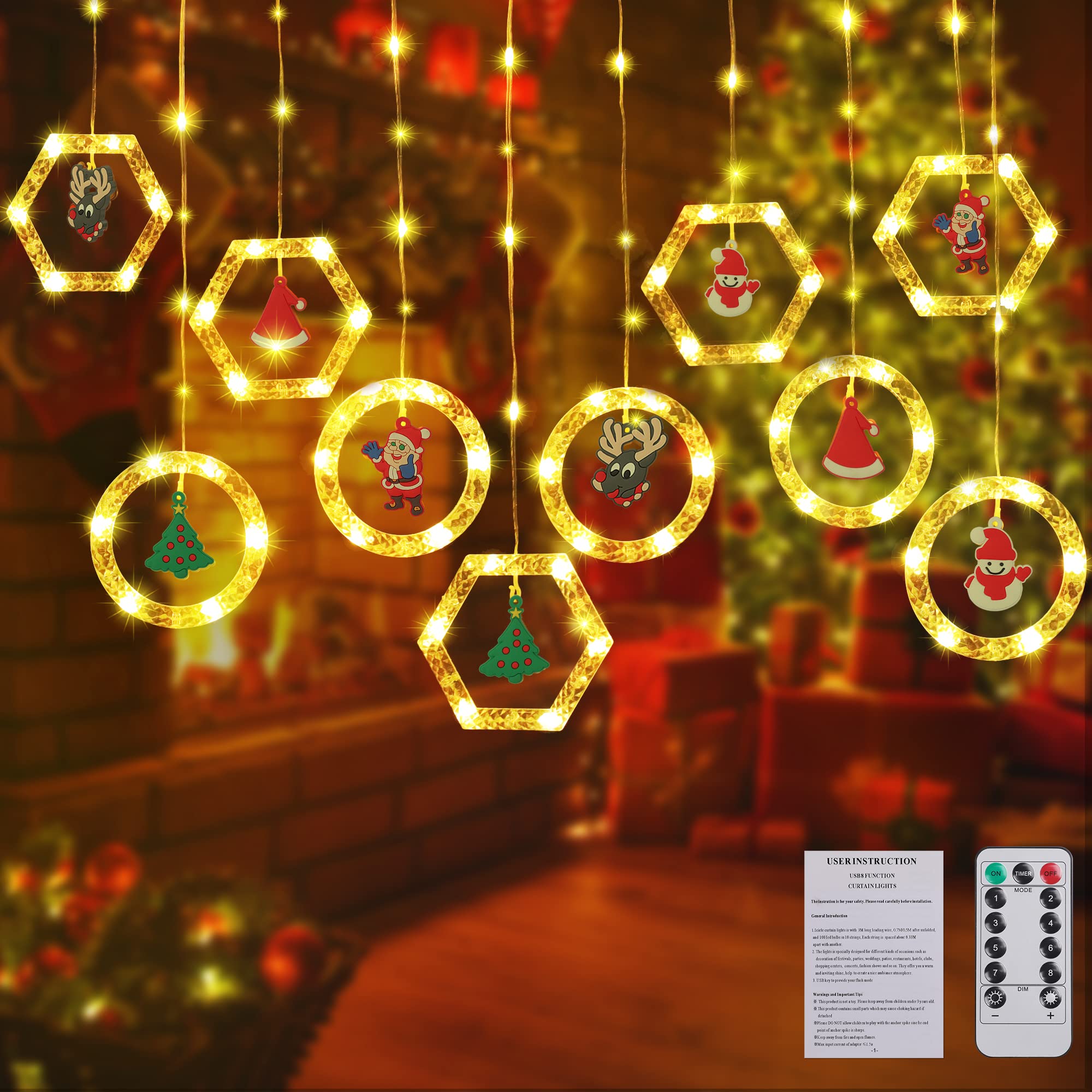 Christmas String Lights, 9.8FT 10Pcs Led Fairy Hanging Twinkle Xmas Window Curtain Lights, Waterproof Copper Warm White Lights with Remote Control, USB Powered Christmas Decorations for Indoor Outdoor